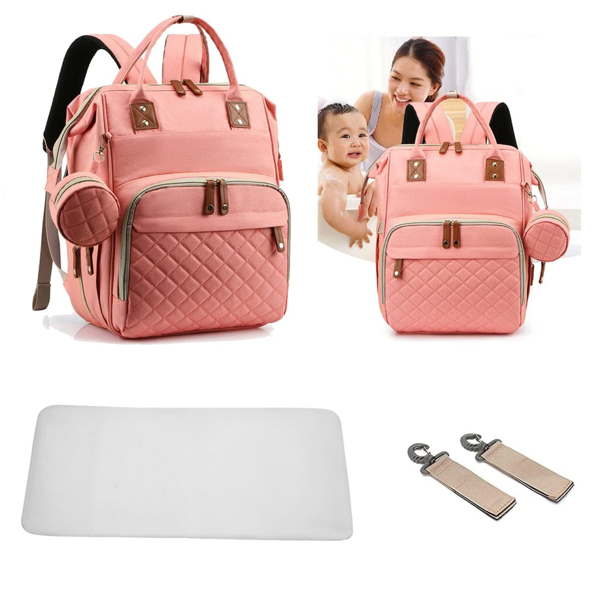 Axone 3-in-1 diaper bag backpack pink front view with large opening