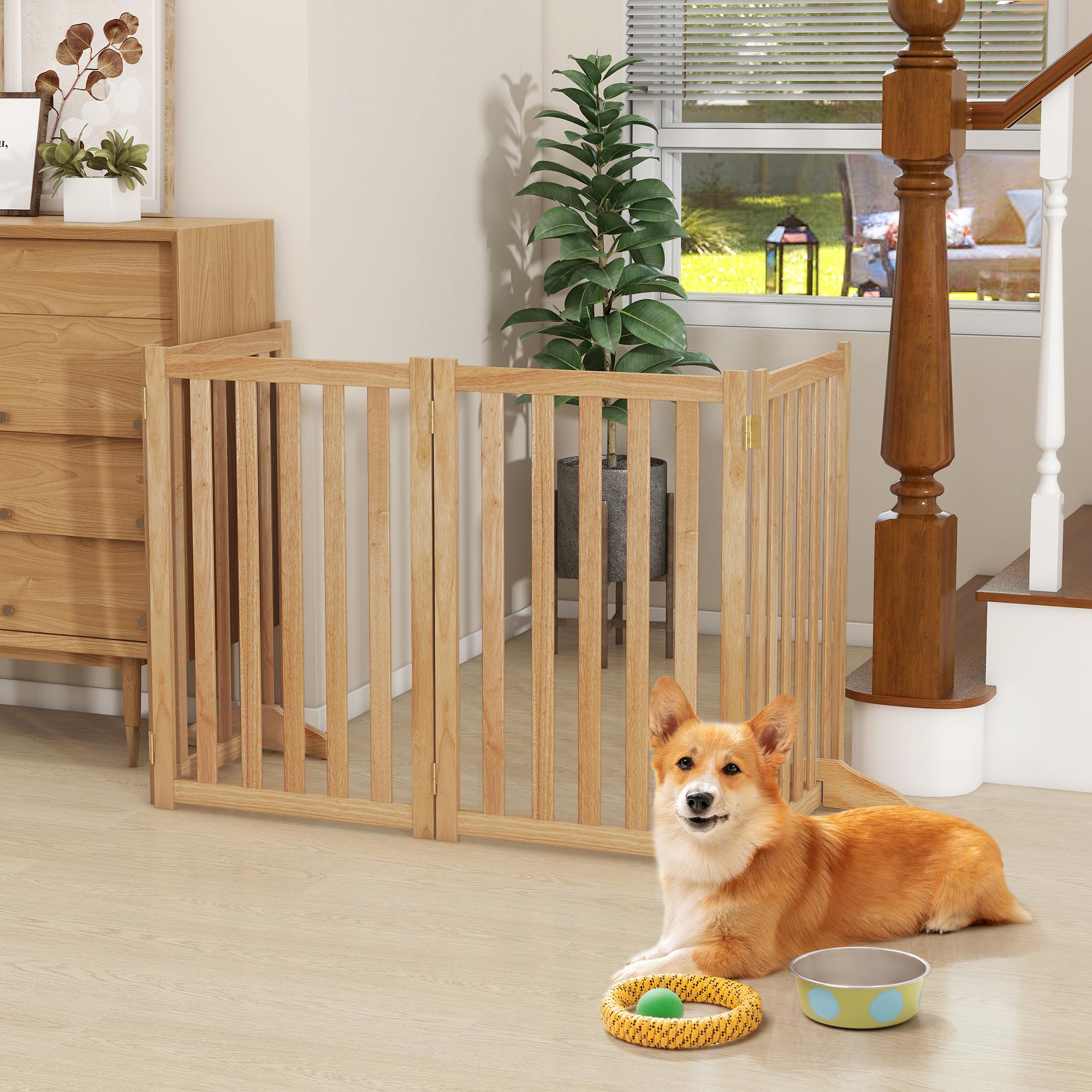 Axeman oak pet gate stairs-use demonstrates easy barrier for entryways and stair landings.