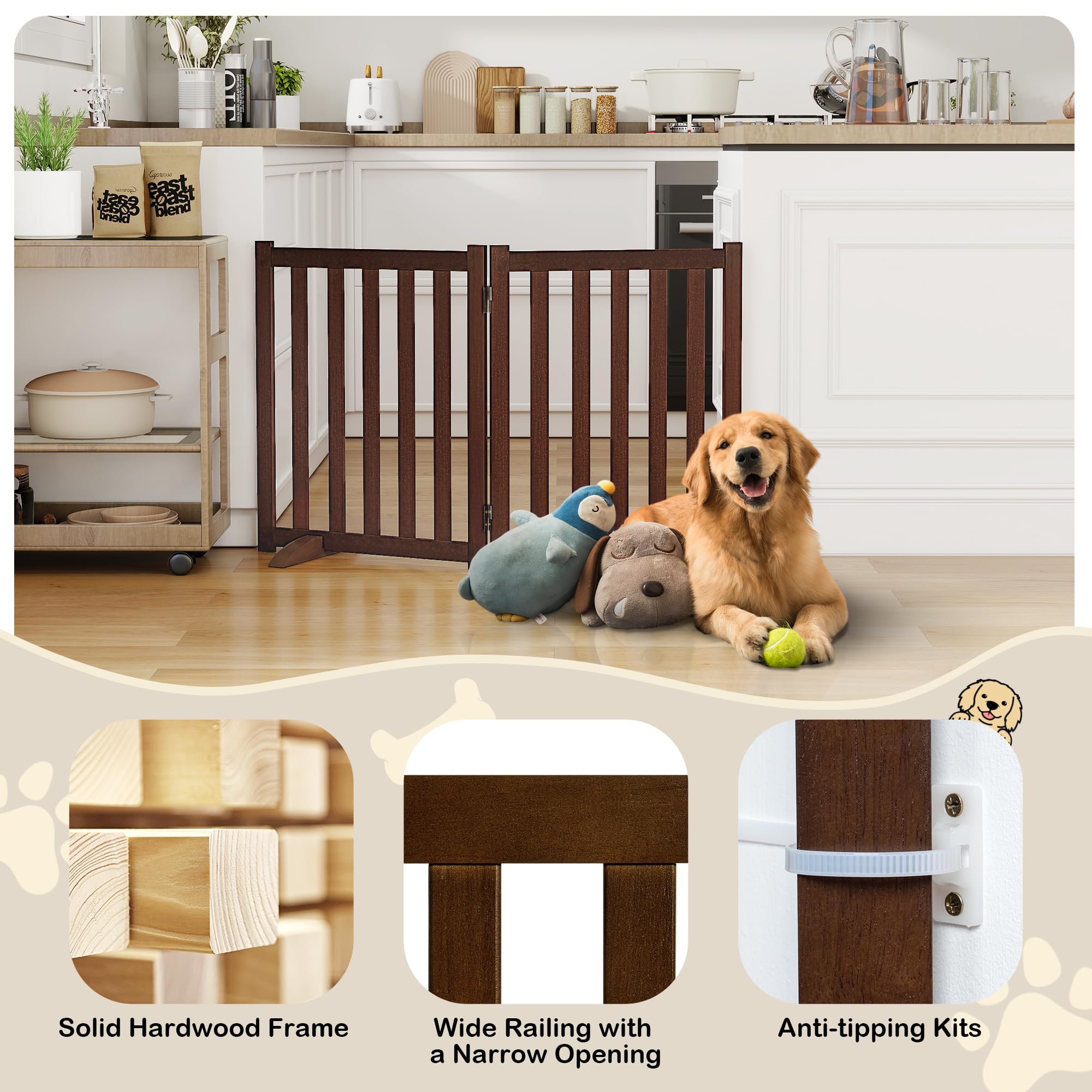 Axeman walnut gate with 360-degree hinges adapts to stairs and hallways.