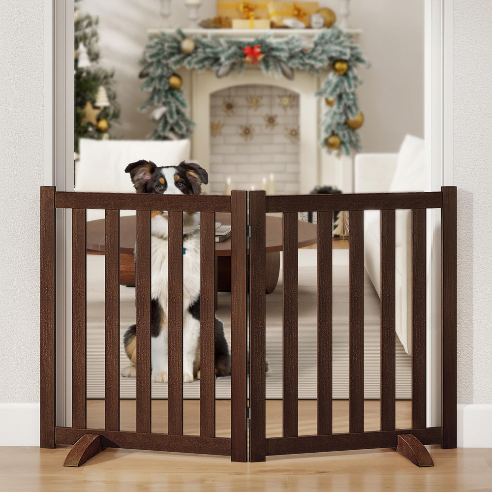 Axeman wood pet gate assembly shows sturdy folded panels for compact storage.