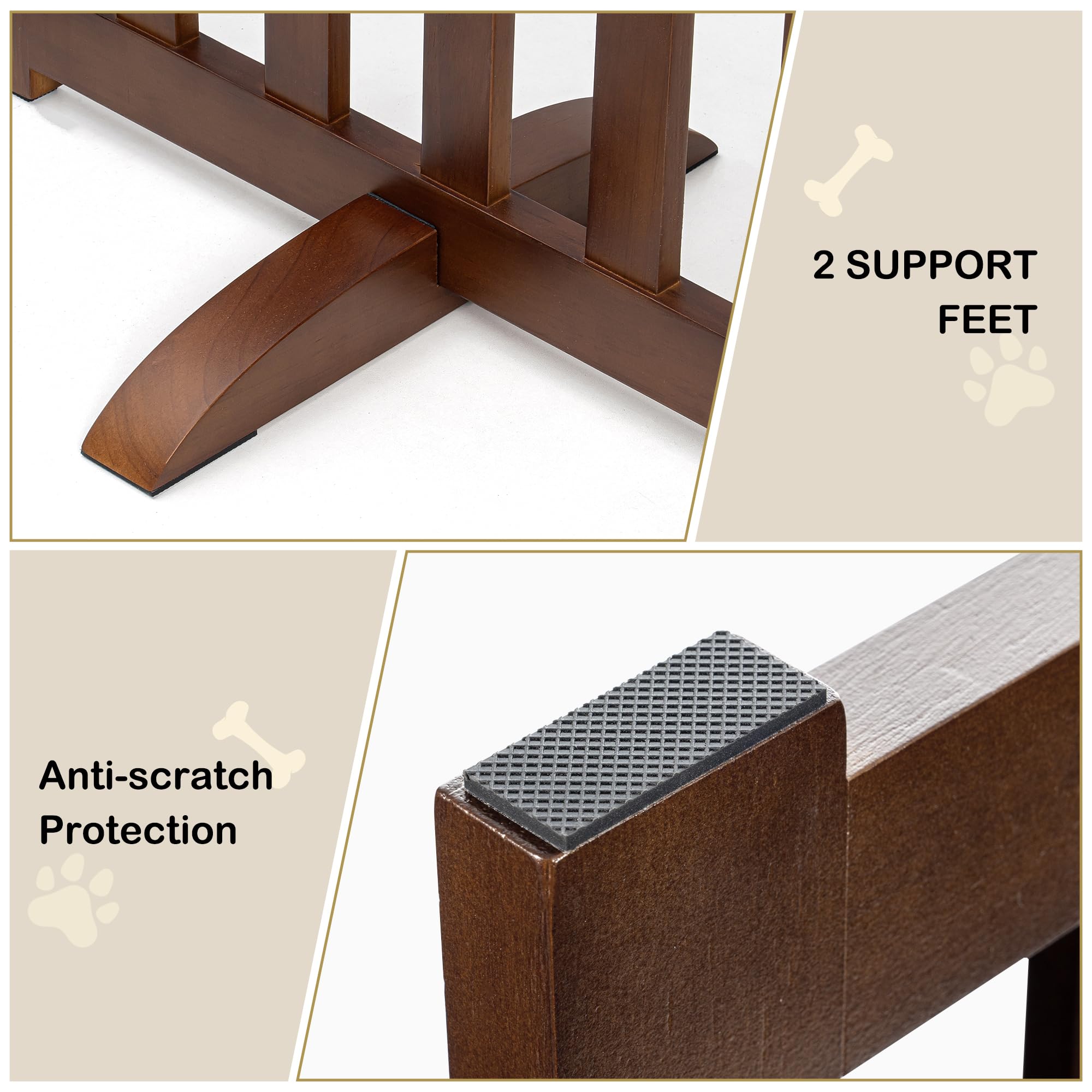 Axeman wood pet gate with rubber pads protects floors during setup.