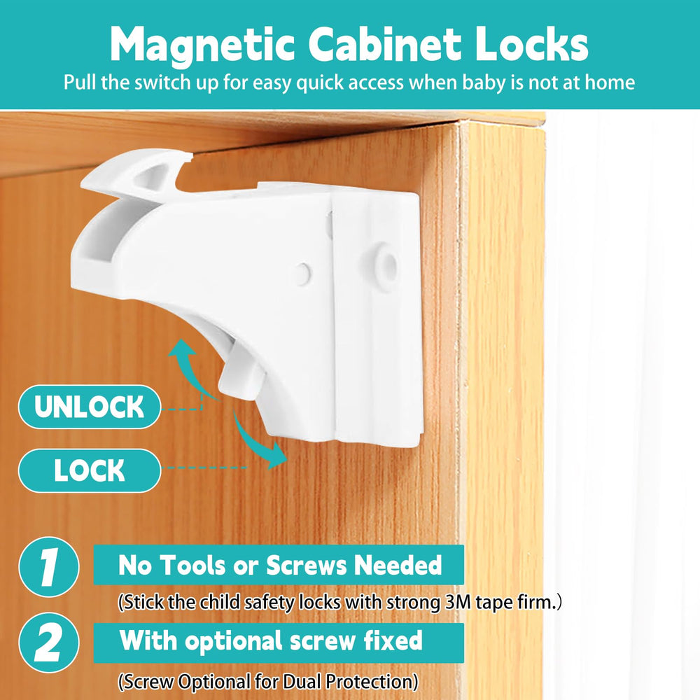 Axfvd cabinet locks on pantry shelves in kitchen help reduce unintended access.