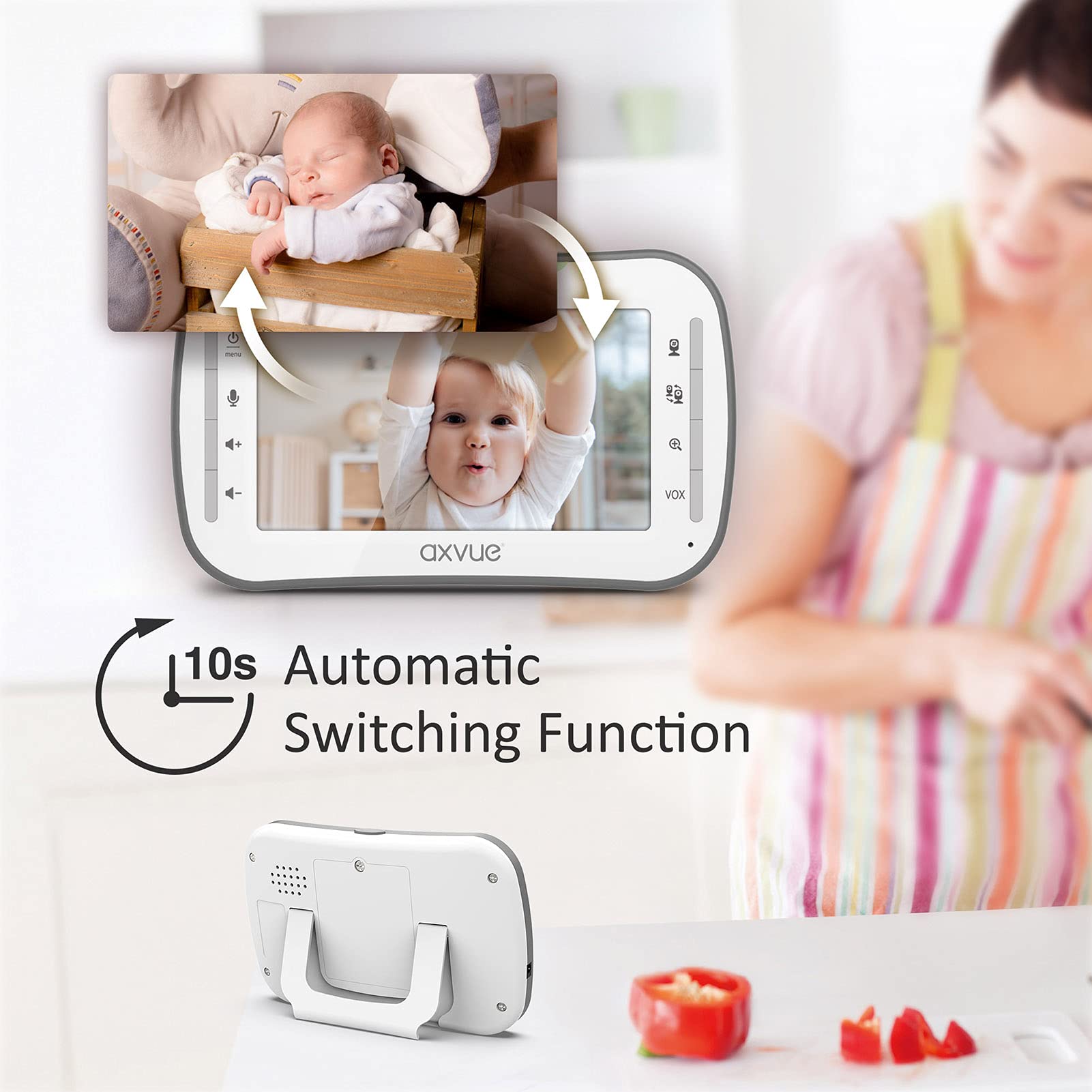 Axvue two-camera setup lets you monitor two rooms from one handheld unit.