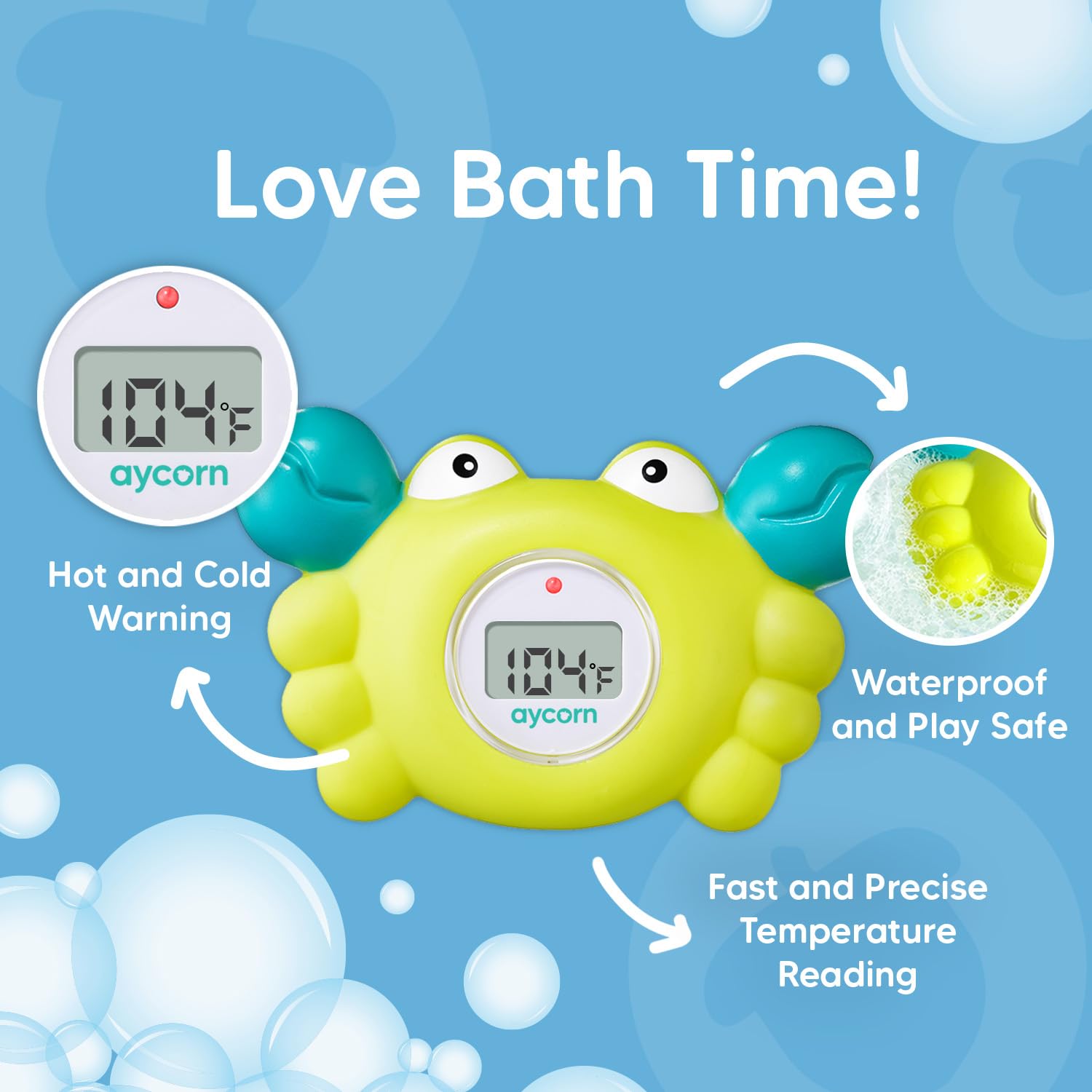 Aycorn floating bath toy thermometer gently measures temperature while entertaining infants.