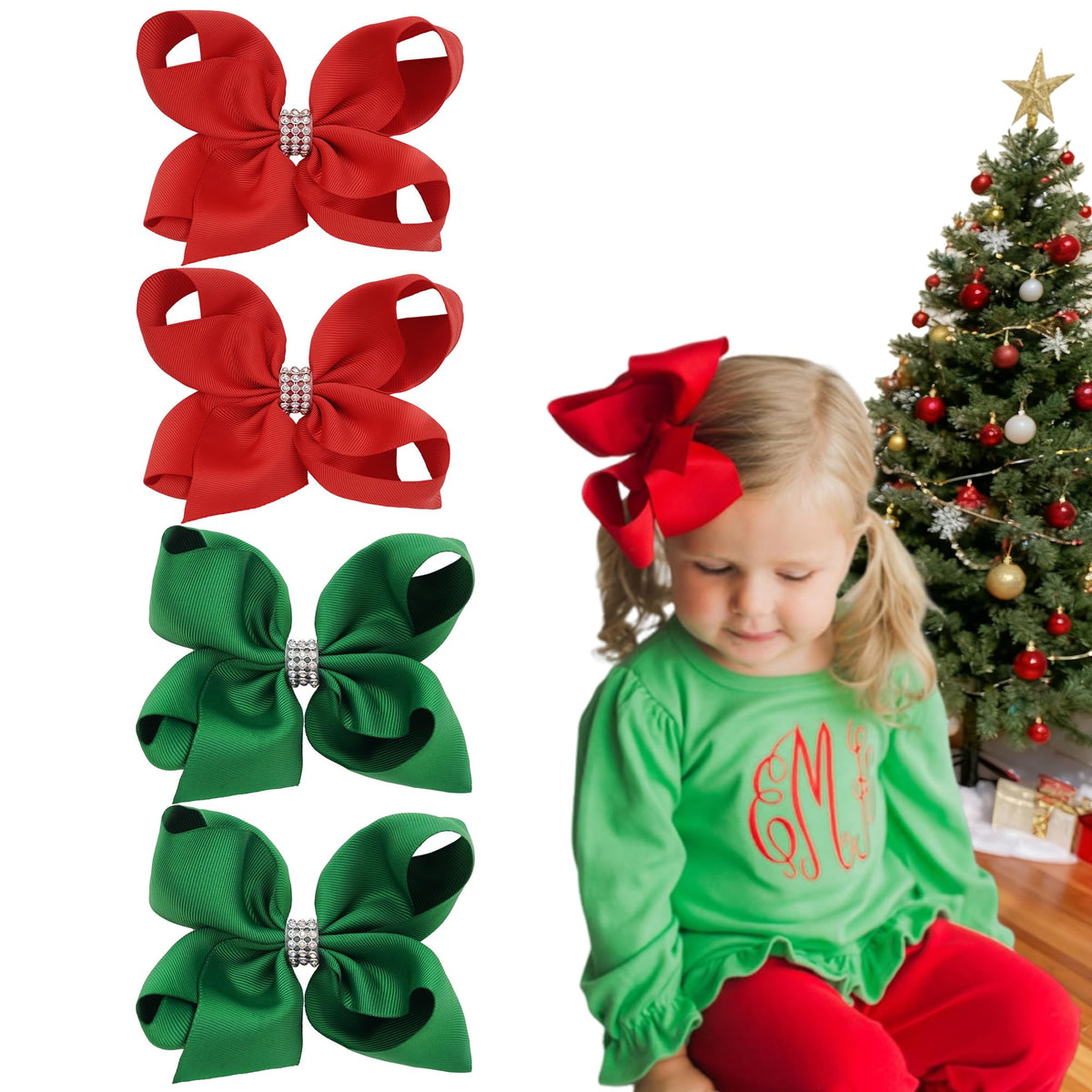 Ayesha Christmas hair bows 6-inch red and green rhinestones add festive sparkle for parties