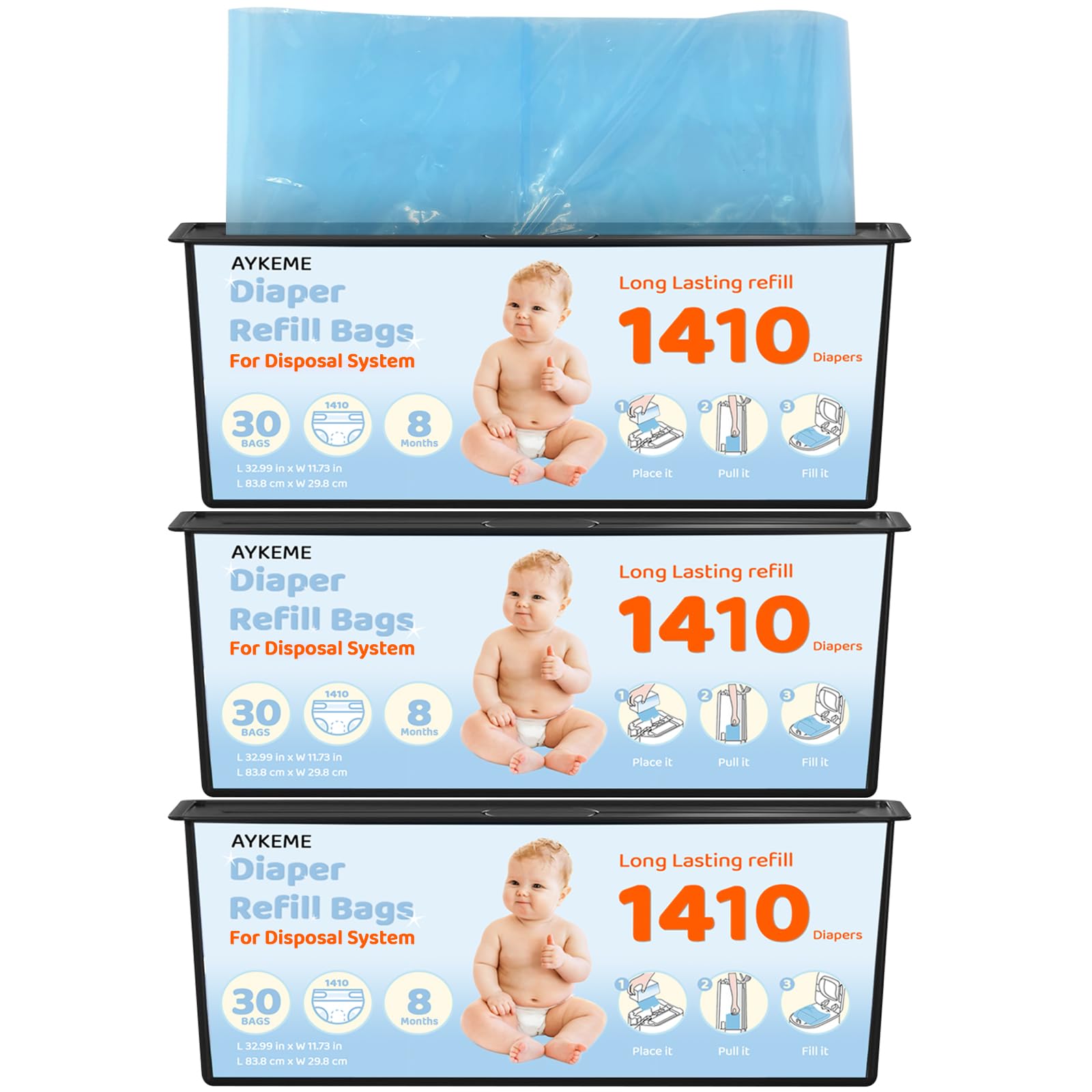 AYKEME 90-bags diaper pail refills packaging for seamless disposal.