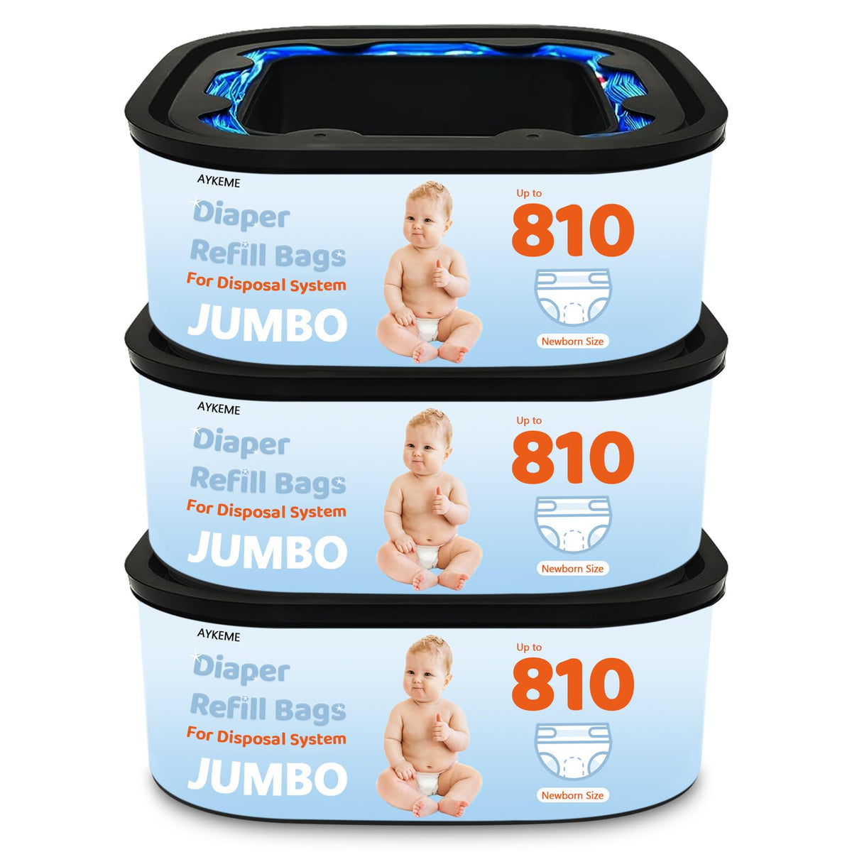 AYKEME Jumbo Square Refill fits Diaper Genie Compact for high-capacity disposal.