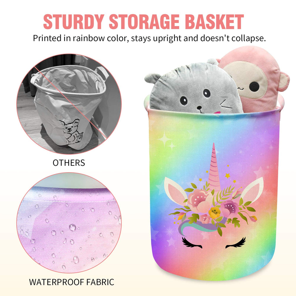 Aynaxcol Unicorn Laundry Basket showing 43.3L capacity and compact dimensions for storage.