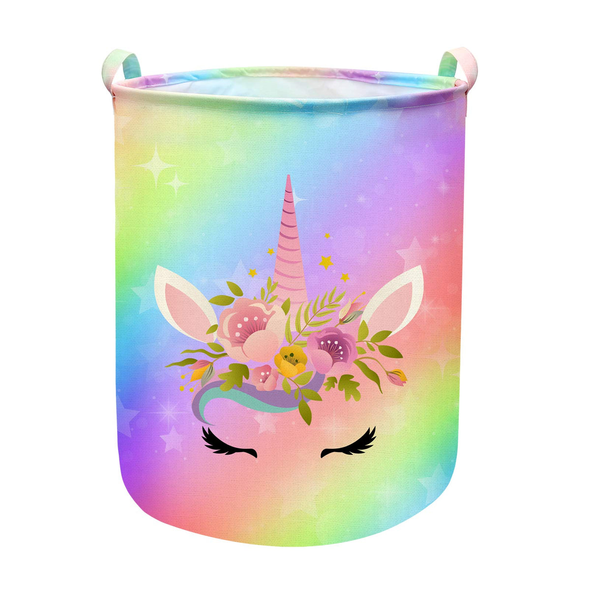 Aynaxcol Unicorn Laundry Basket front view highlighting its roomy 43.3L capacity for clothes and toys.