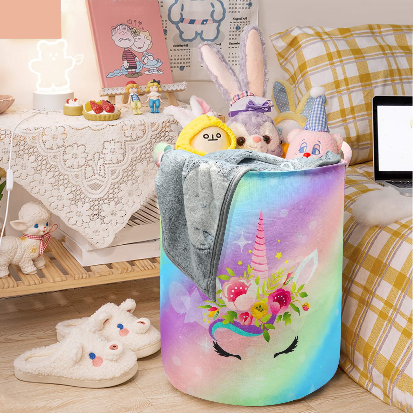 Aynaxcol Unicorn Laundry Basket used as toy organizer with unicorn motif for play spaces.