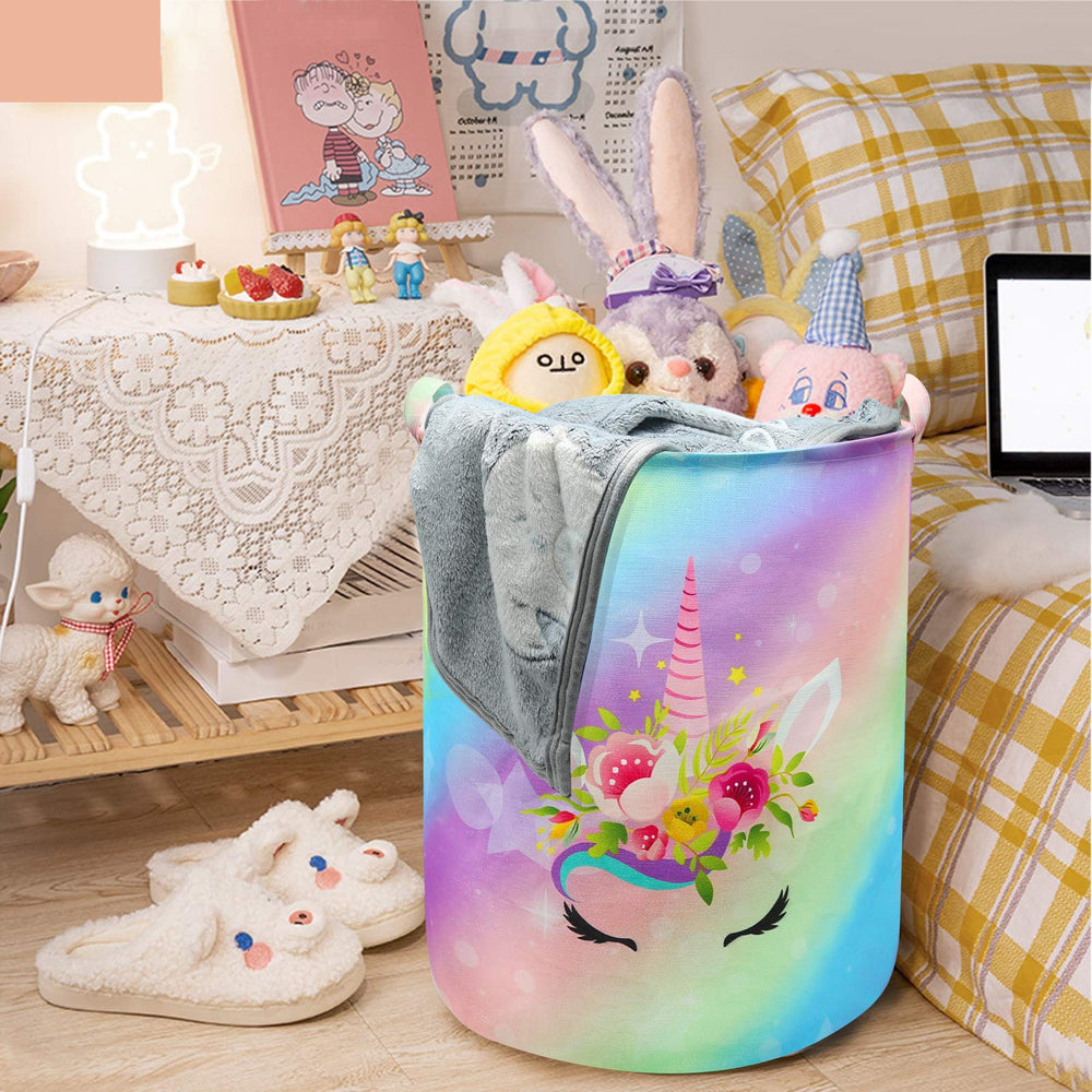 Aynaxcol Unicorn Laundry Basket used as toy organizer with unicorn motif for play spaces.