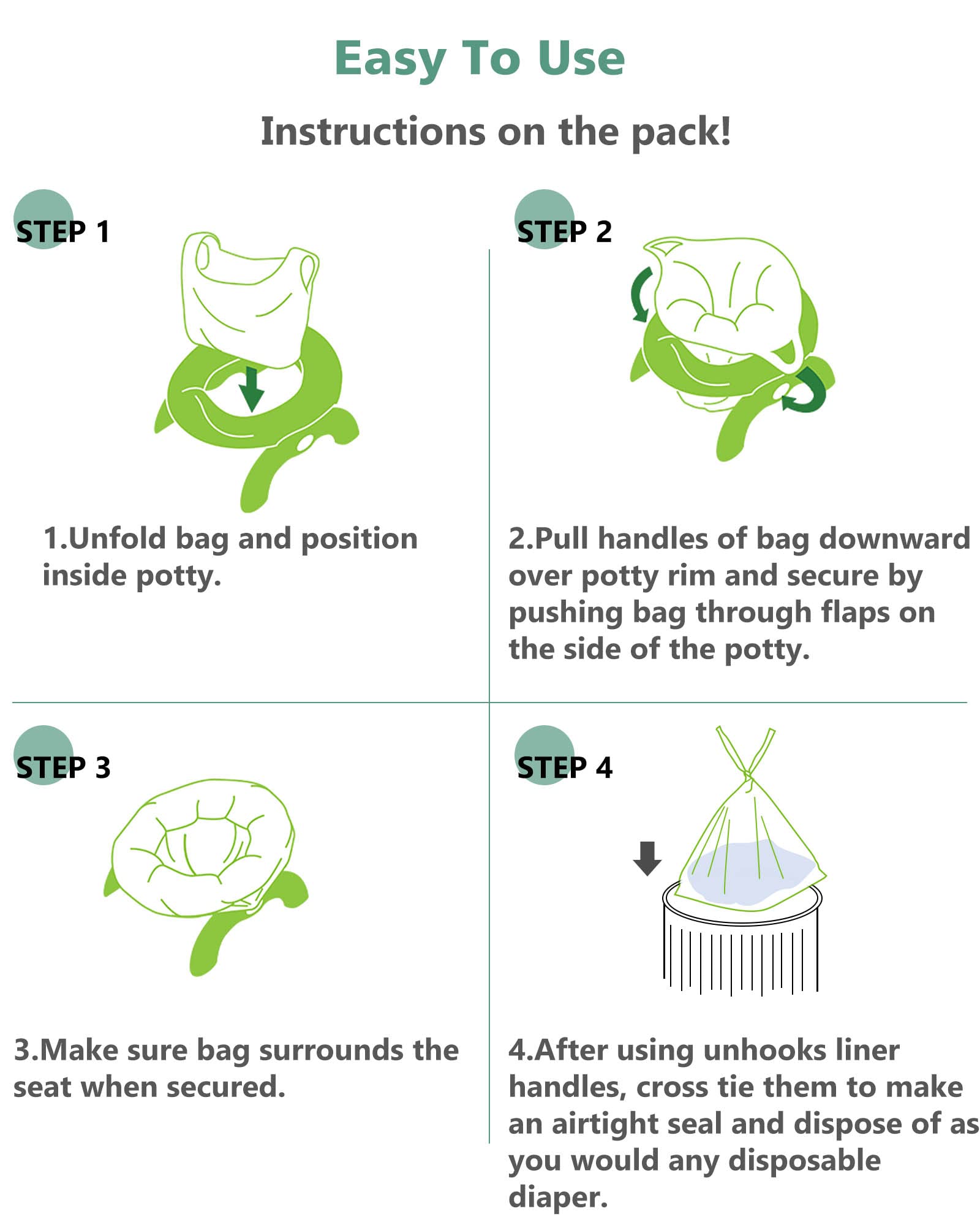 AYOTEE potty liners with pull-tie closures for easy sealing.