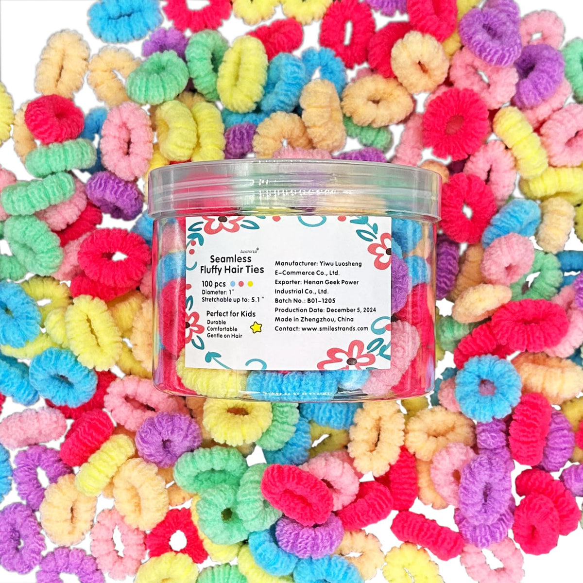 Azanirso seamless fluffy hair ties pack closeup with bright colors for kids' hairstyles