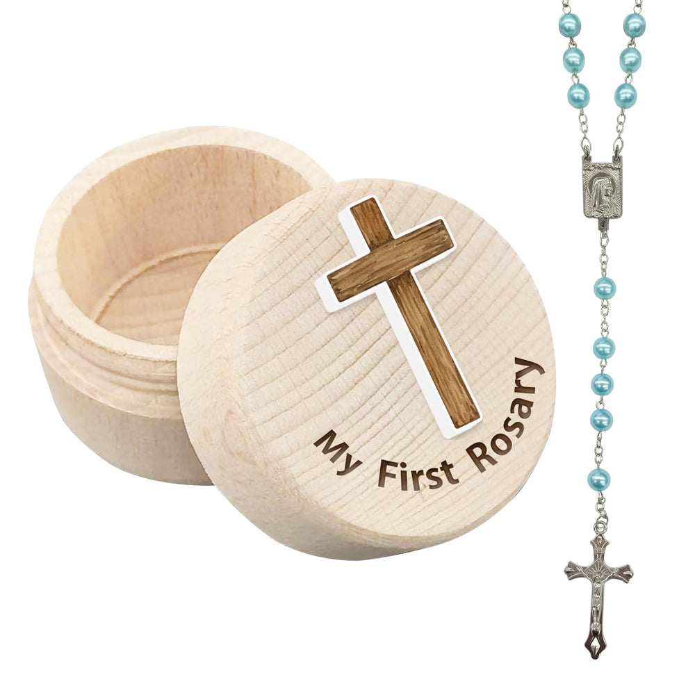 Azbuk baptism rosary box lid with cross for keepsake