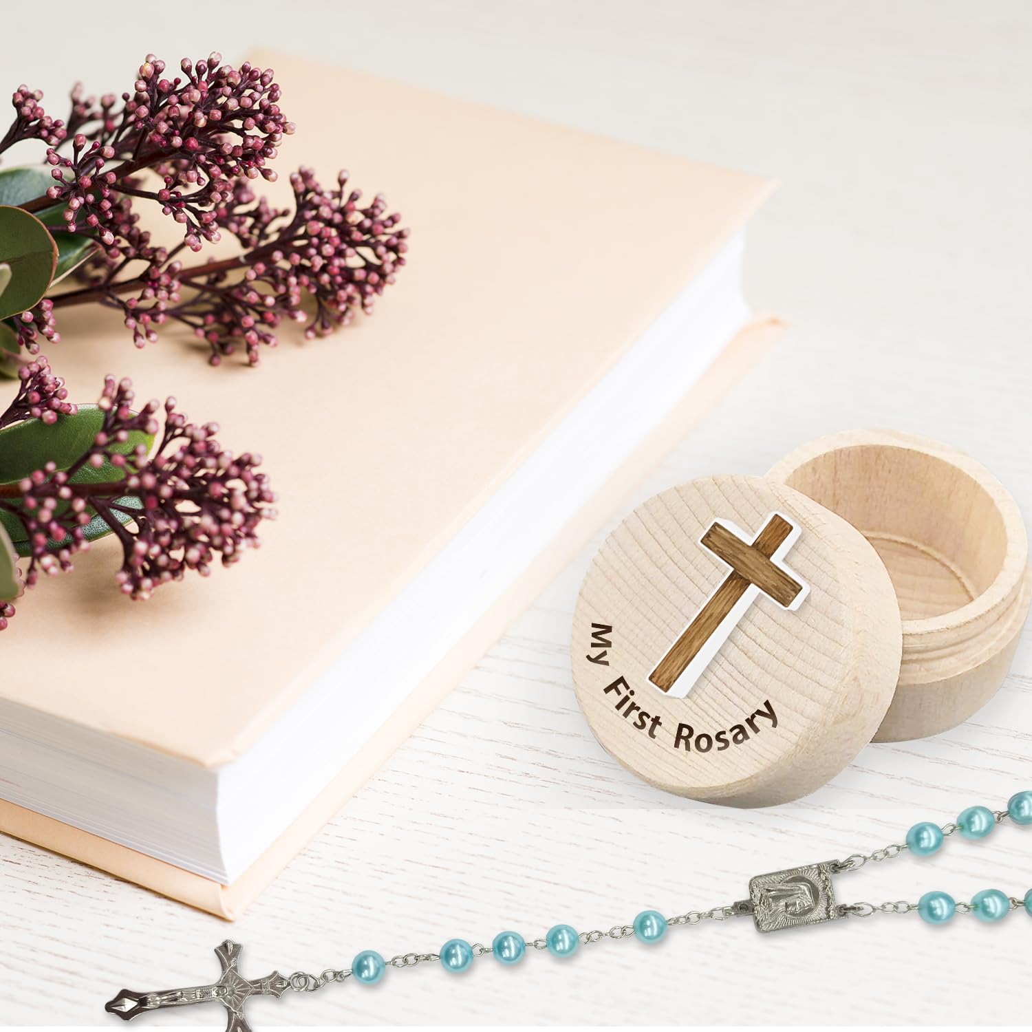 Azbuk rosary length 14.3 inches shown beside case