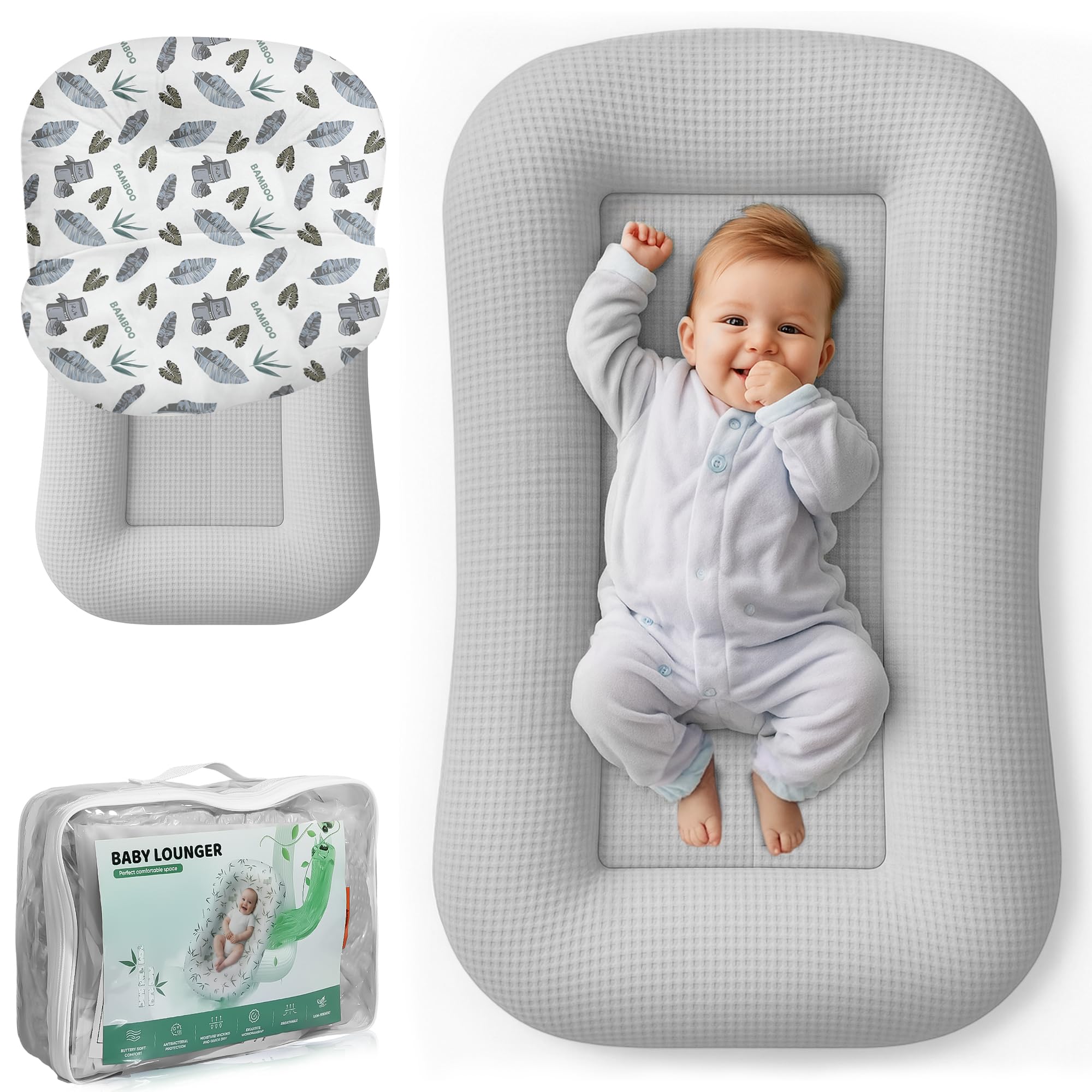 azopesy baby lounger gray waffle fabric delivers breathable cooling comfort for newborns.
