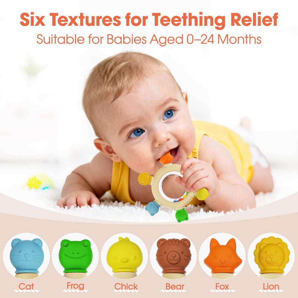 Azrra teething ring with rattle captures baby's attention through sound