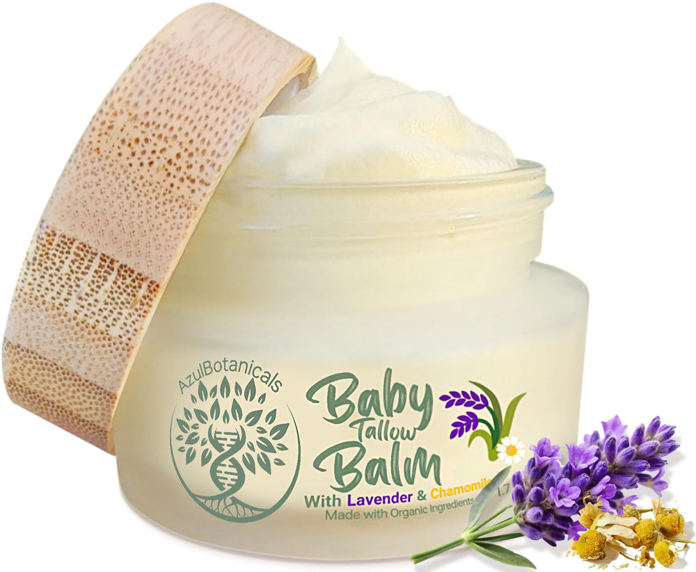 AzulBotanicals Baby Tallow Balm packaging highlighting all-natural ingredients for delicate skin.
