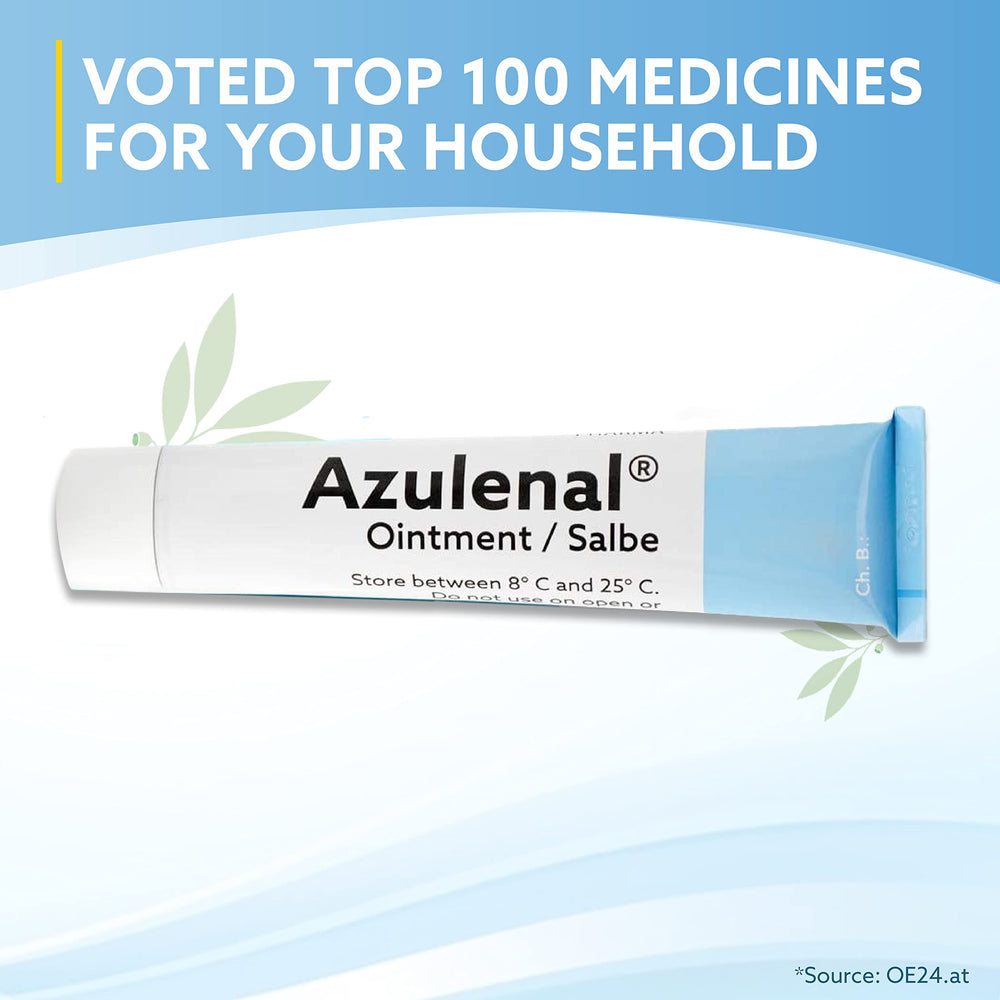 AZULENAL Ointment bottle pour image demonstrates convenient application for irritated skin.
