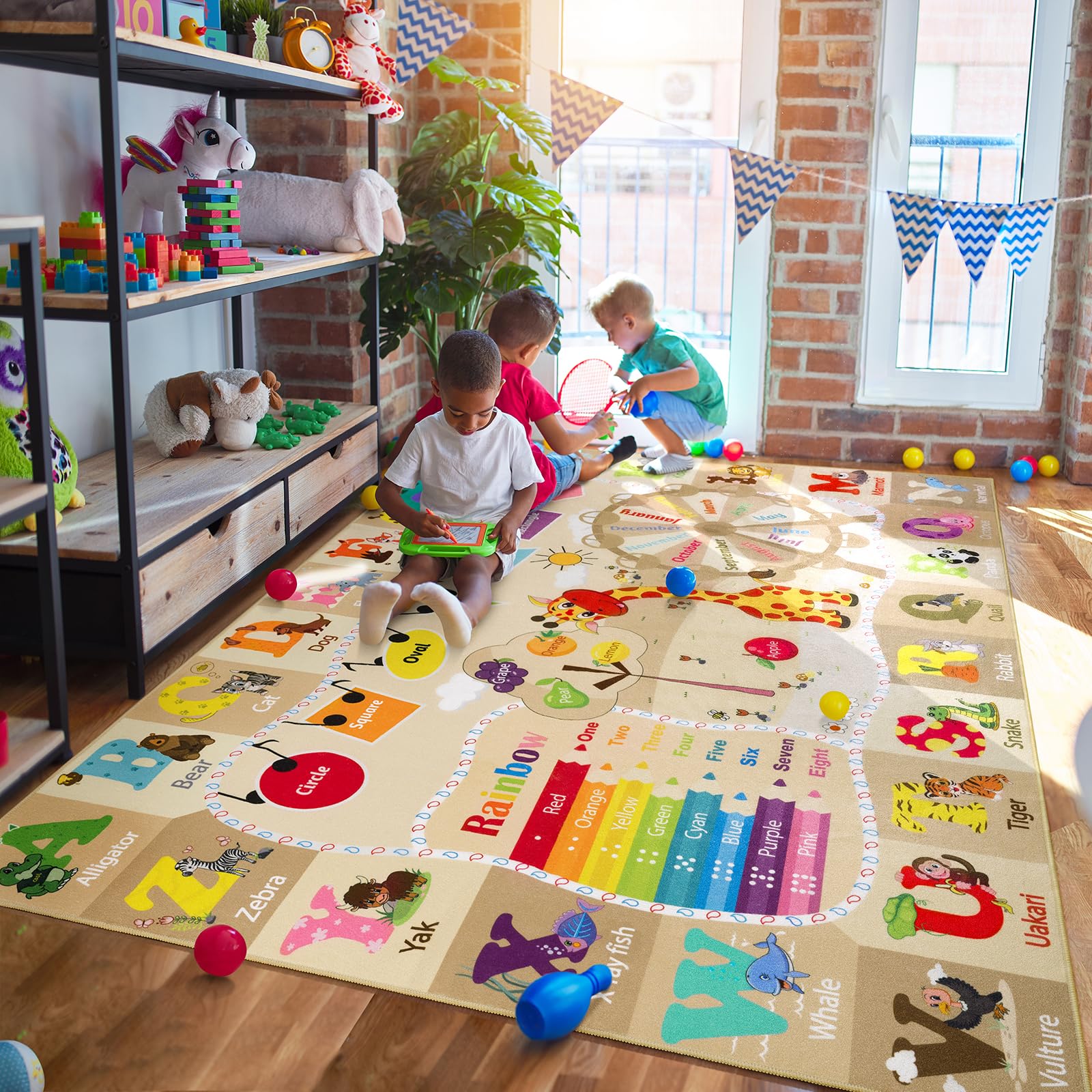 B BENRON 6x9 playroom rug with ABC alphabet promotes early learning and sensory engagement.