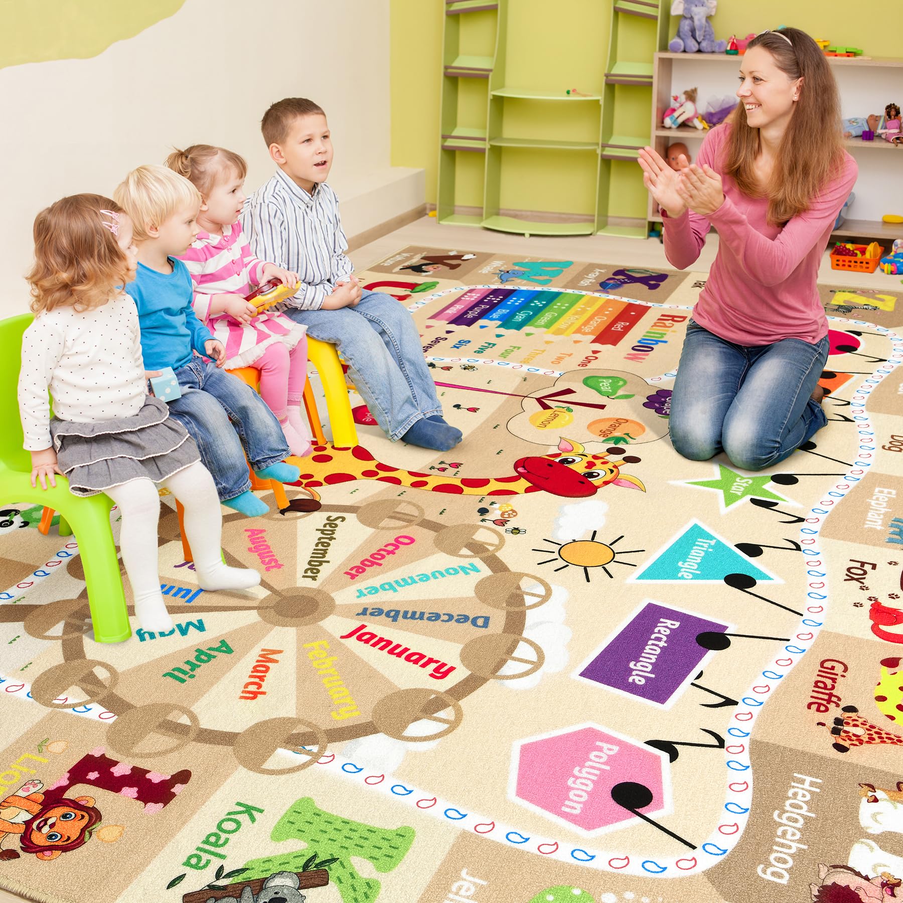 B BENRON beige and pink rug blends soft style with educational learning spaces.