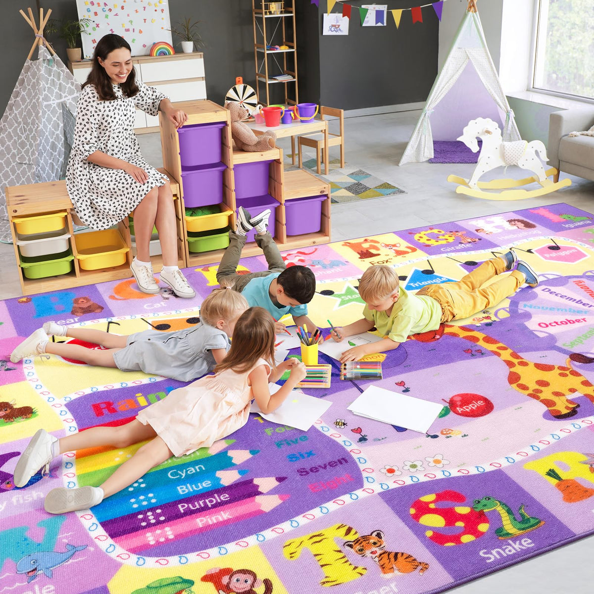 B BENRON kids rug 7x10 purple ABC design promotes learning and safe play.