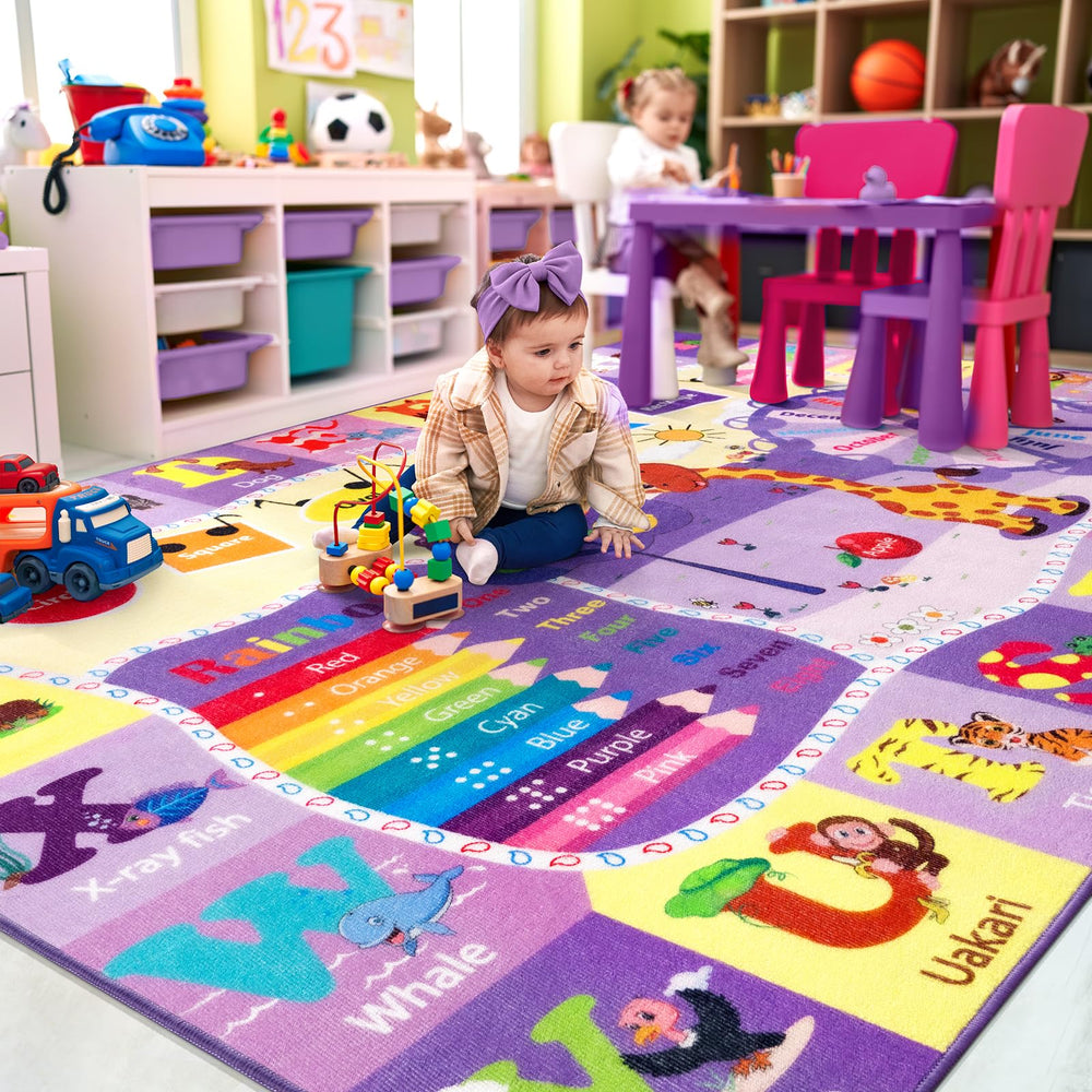 B BENRON educational layout rug with letters, animals, and shapes supports early learning routines.