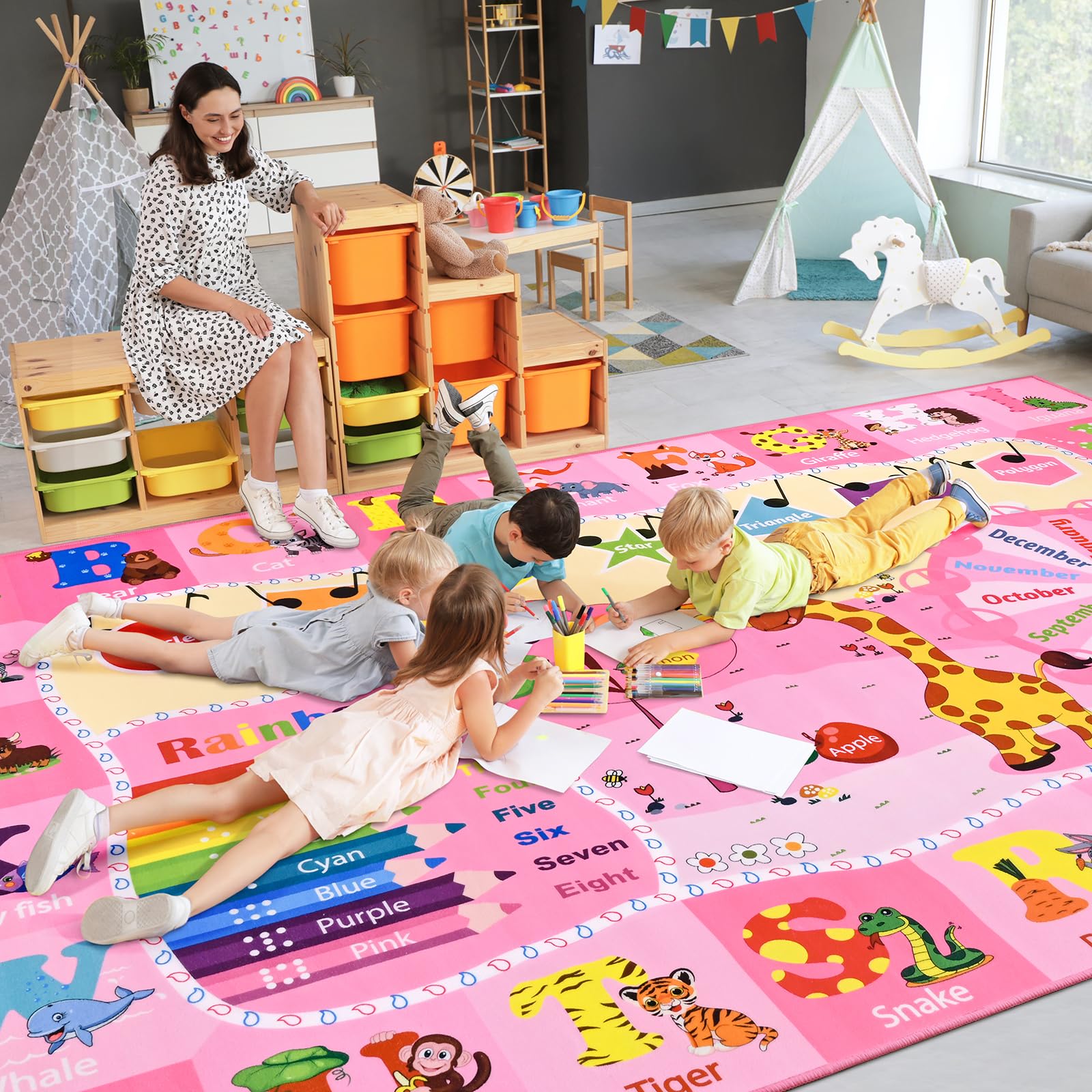 B BENRON kids rug abc letters on pink surface aids early learning and color recognition.