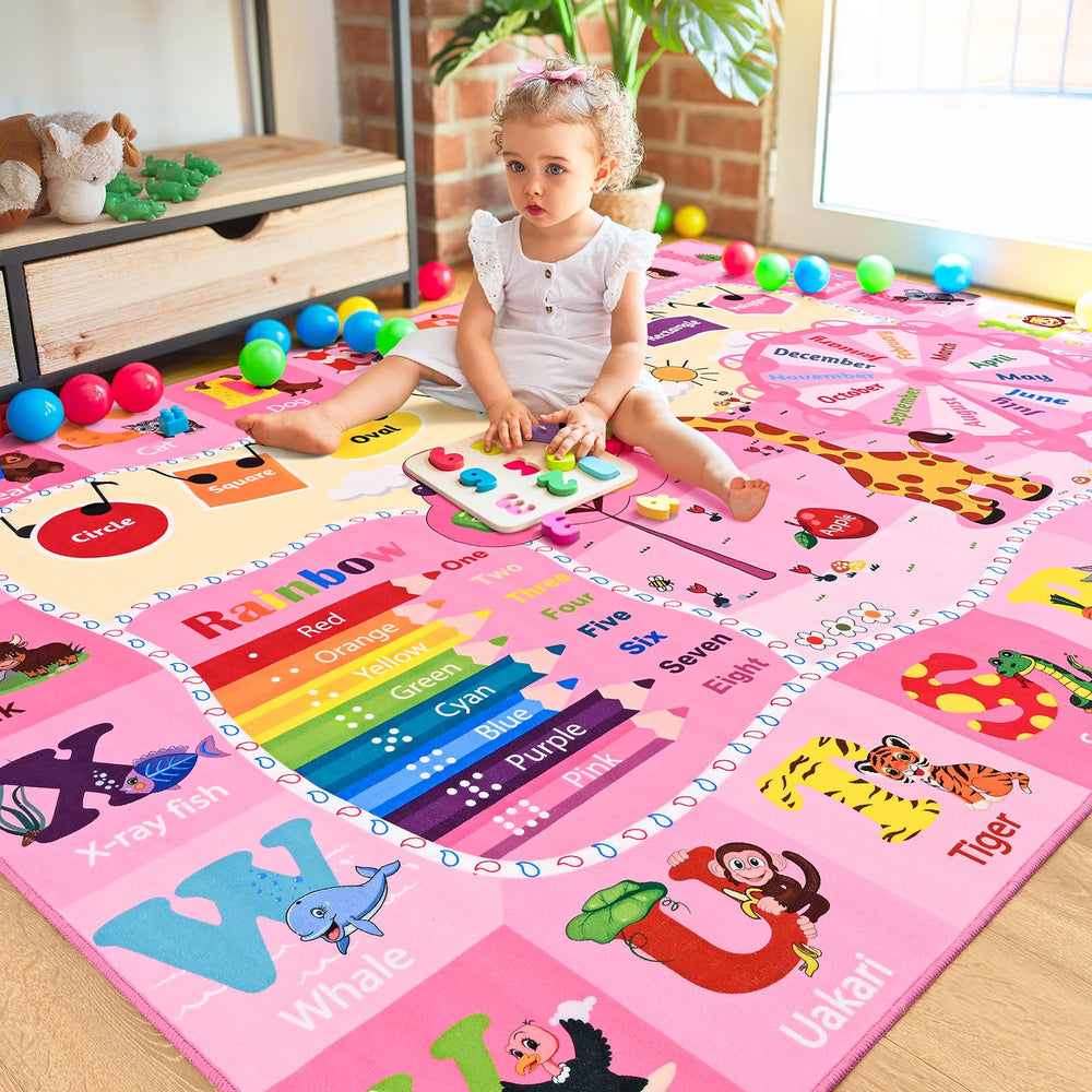 B BENRON kids rug playroom setup on pink backdrop enhances learning corner setup.
