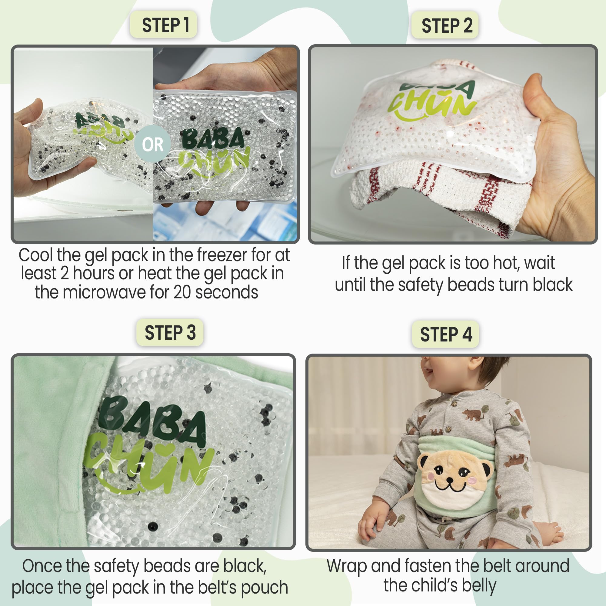 BabaChun compact gel bead pack in use during gentle tummy massage