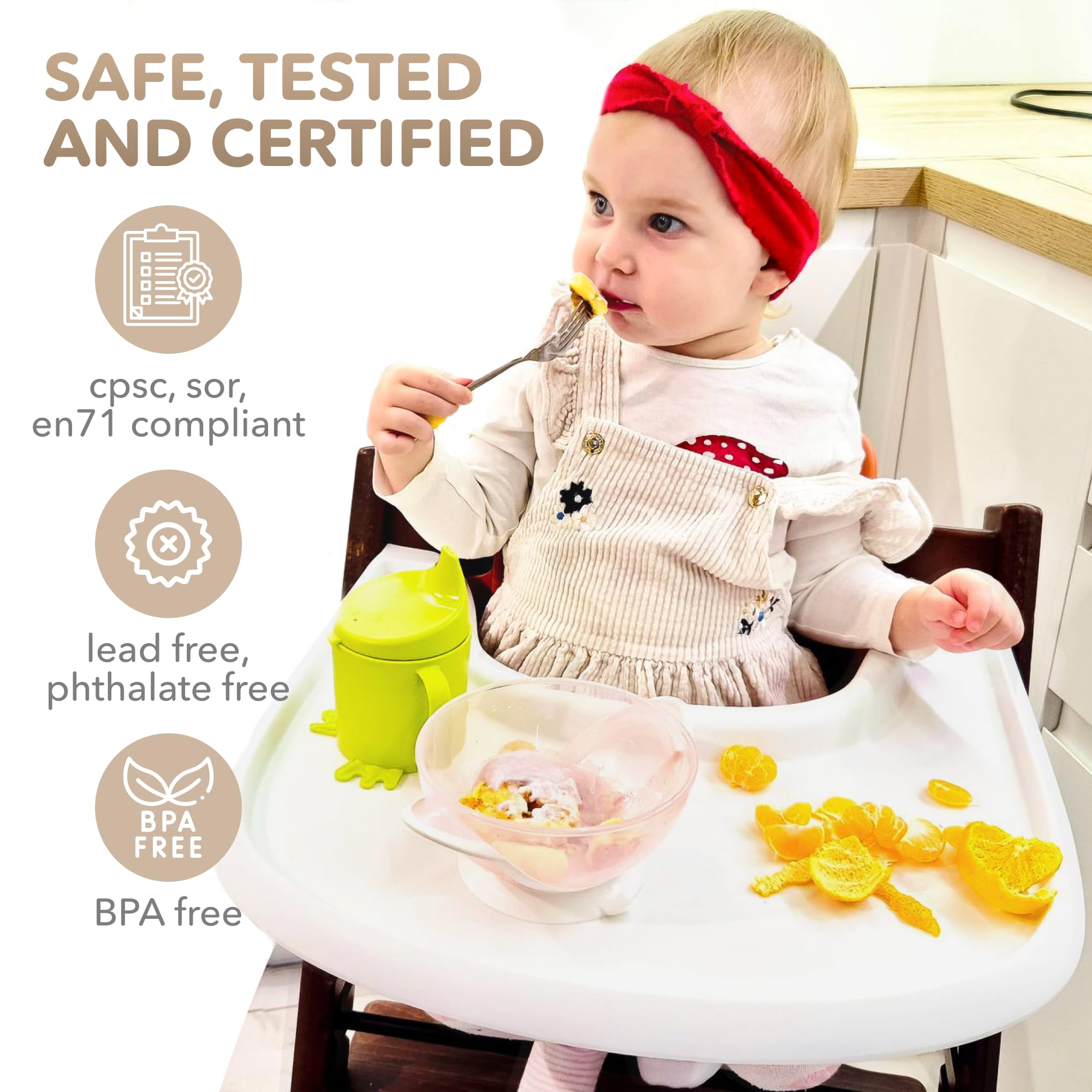 Babarta high chair tray securely attaches to the chair for a stable feeding surface