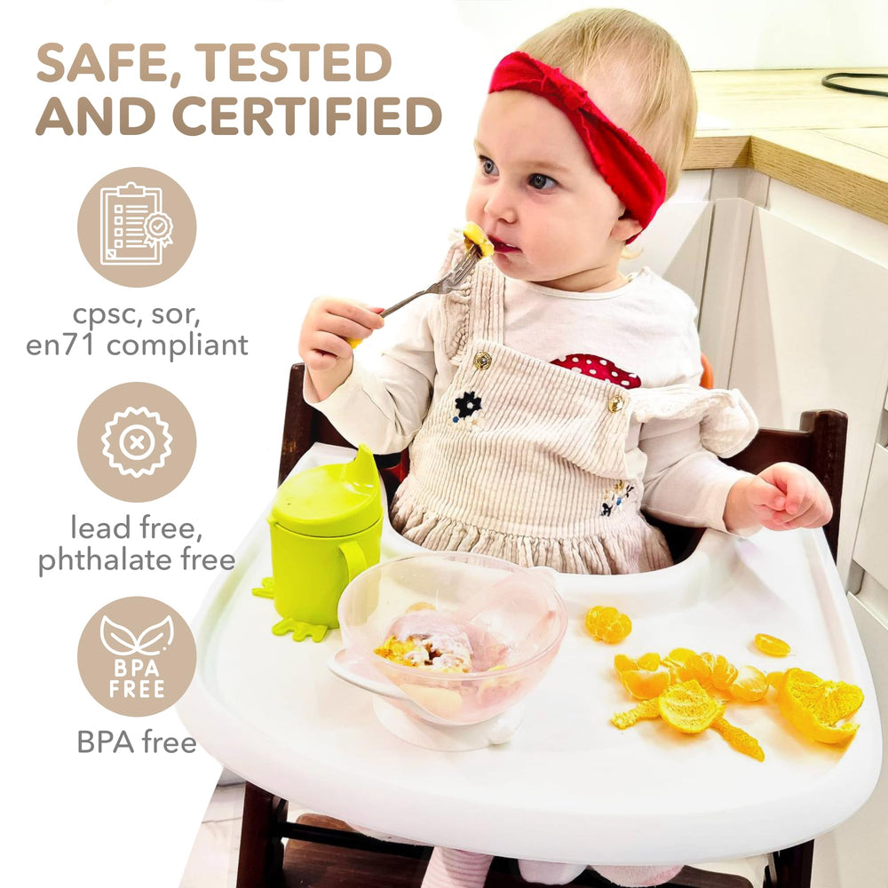 Babarta high chair tray securely attaches to the chair for a stable feeding surface