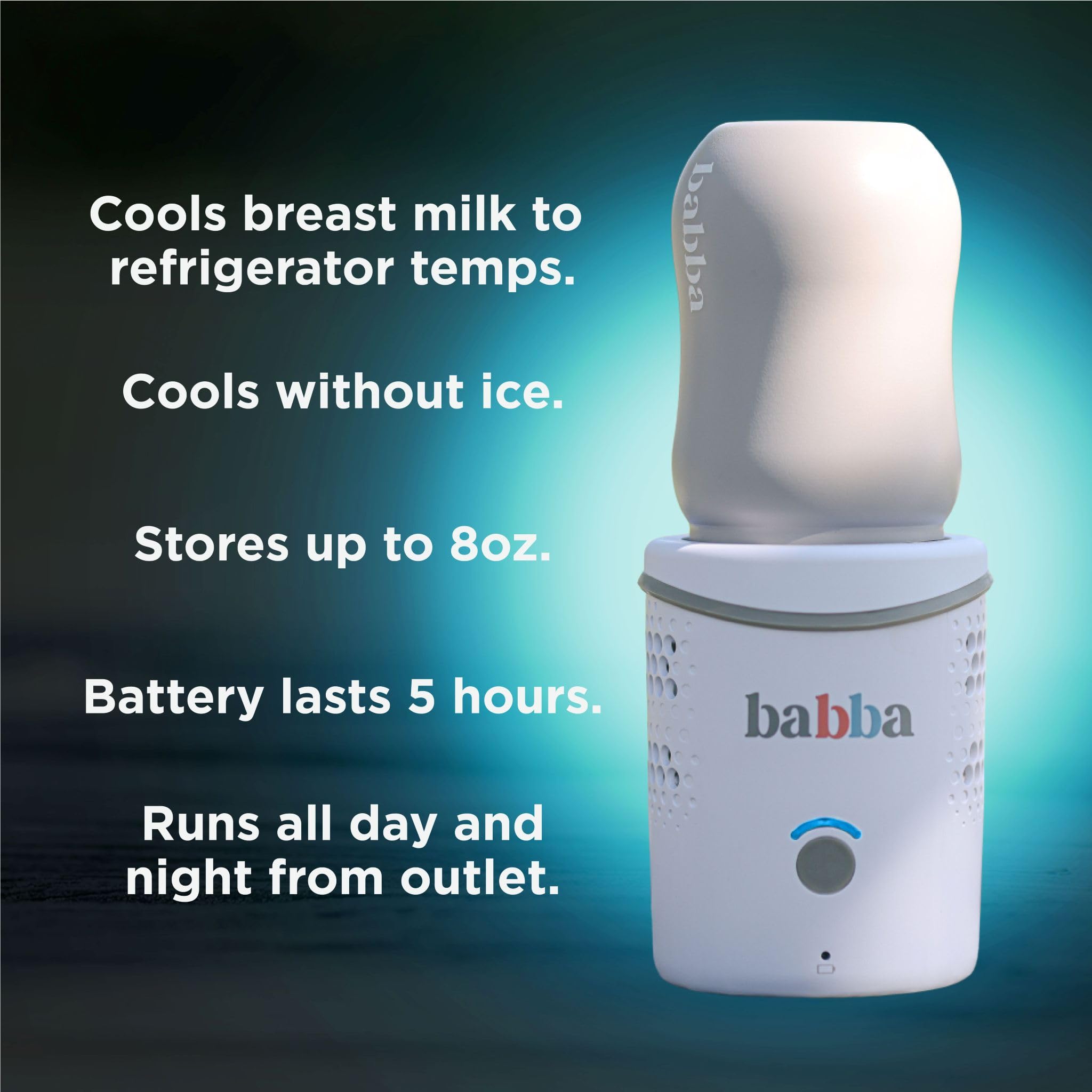 Babba Care battery life graphic notes five-hour runtime for continuous cooling.