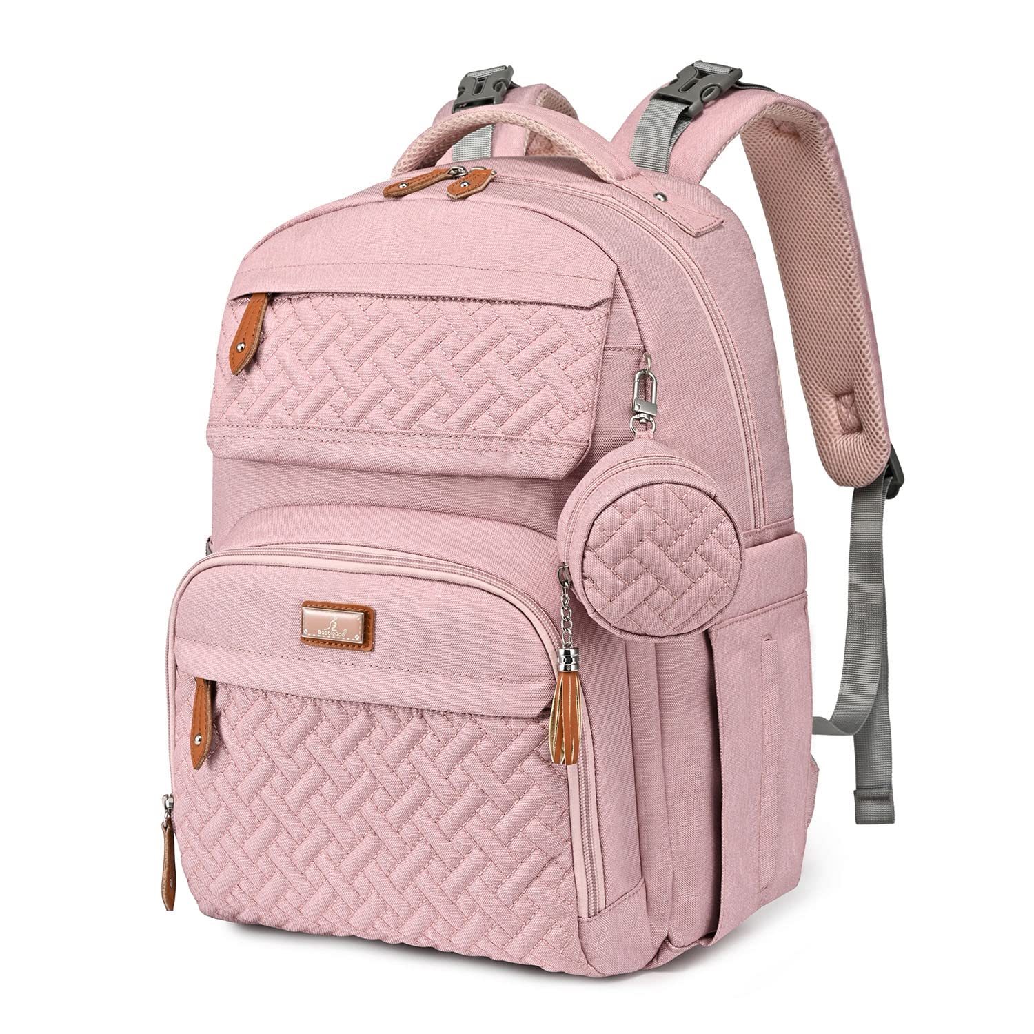 BabbleRoo diaper bag front view pink, showing large capacity for on-the-go parents