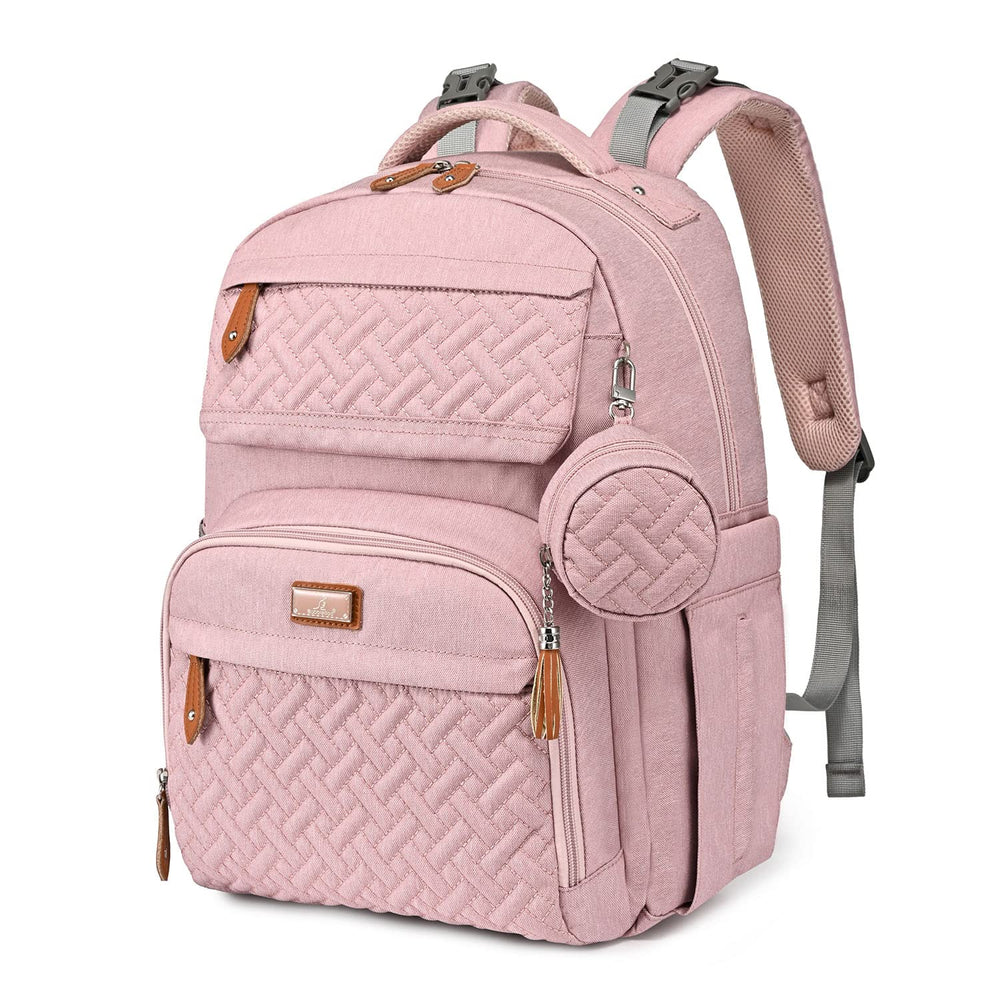 BabbleRoo diaper bag front view pink, showing large capacity for on-the-go parents