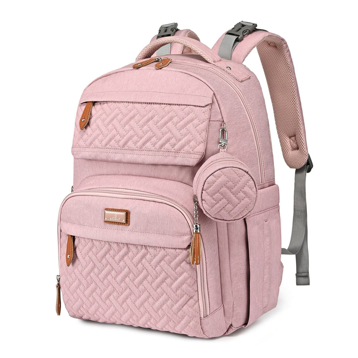 BabbleRoo diaper bag front view pink, showing large capacity for on-the-go parents