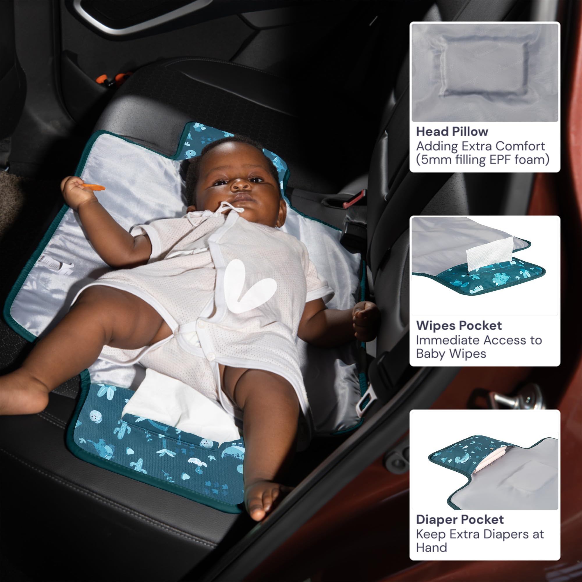 BabbleRoo pad pocket design keeps essentials within reach during changes.