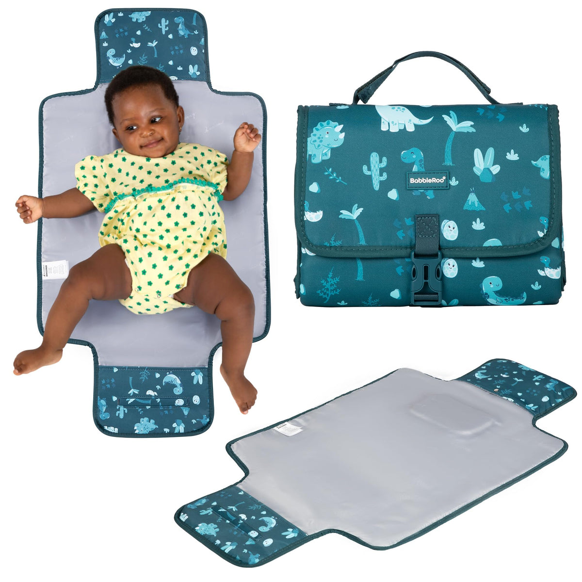 BabbleRoo changing pad with waterproof Dino pattern for travel-friendly use.