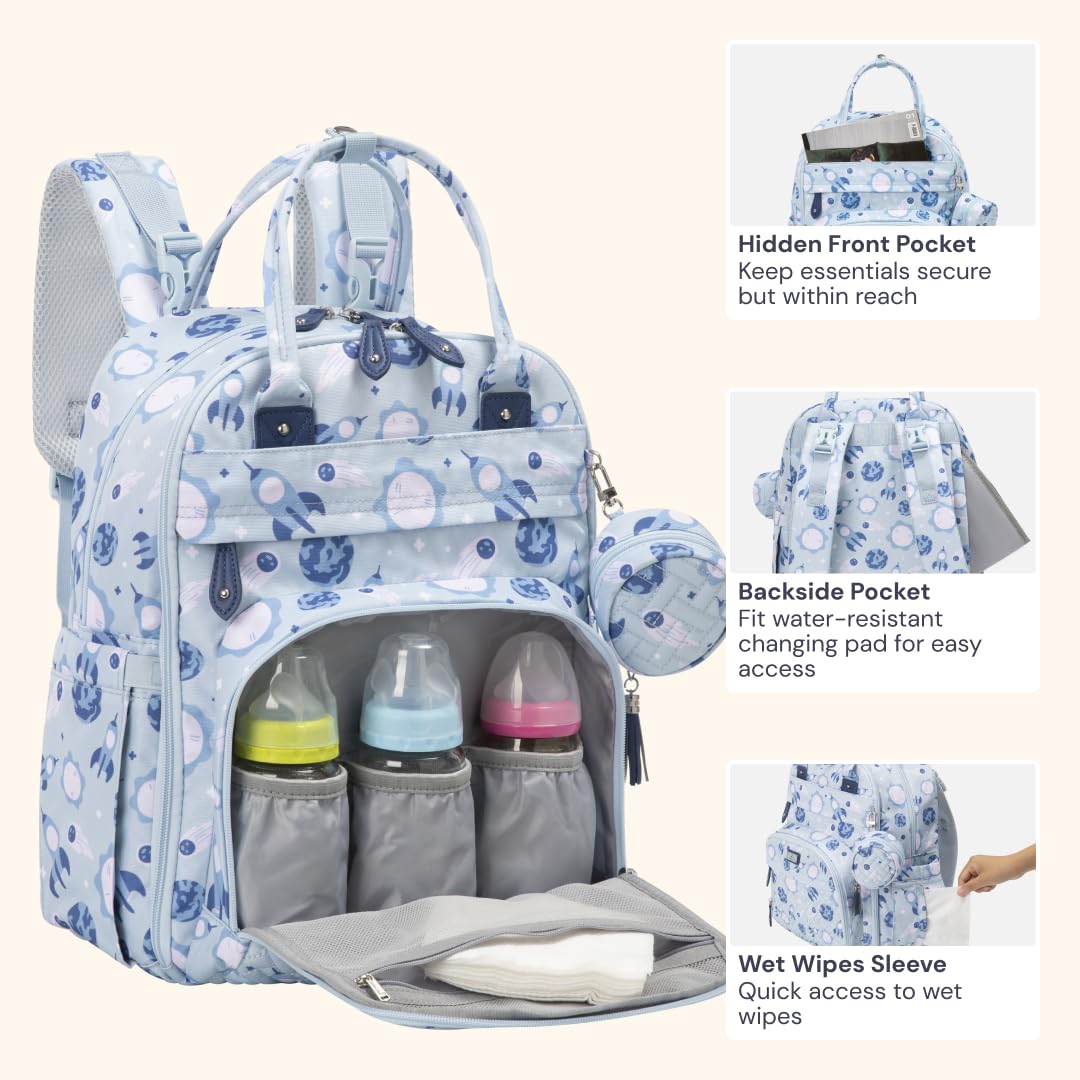 BabbleRoo diaper bag backpack insulated bottle pockets keep drinks ready.