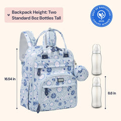 BabbleRoo diaper bag backpack side pocket shows easy-access bottle storage for on-the-go feeding.