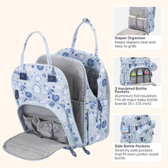 BabbleRoo diaper bag backpack stroller-clip attachment for hands-free strolling.