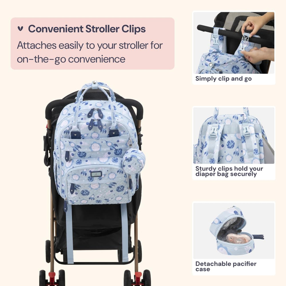 BabbleRoo diaper bag backpack wipe pocket for quick cleanups.