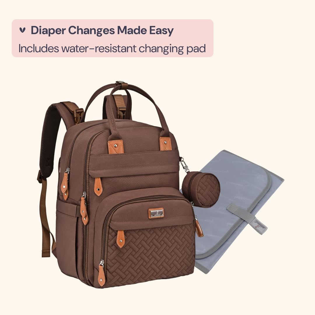 BabbleRoo diaper bag backpack front designer details, stylish neutral brown for any occasion.