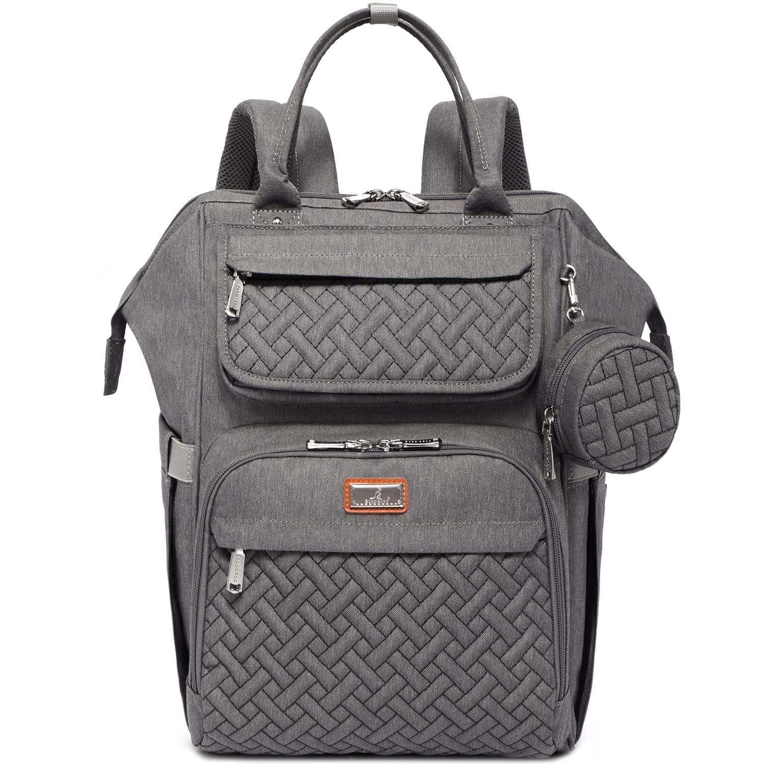 BabbleRoo diaper bag backpack front view in dark gray shows spacious 26L capacity for on-the-go parents
