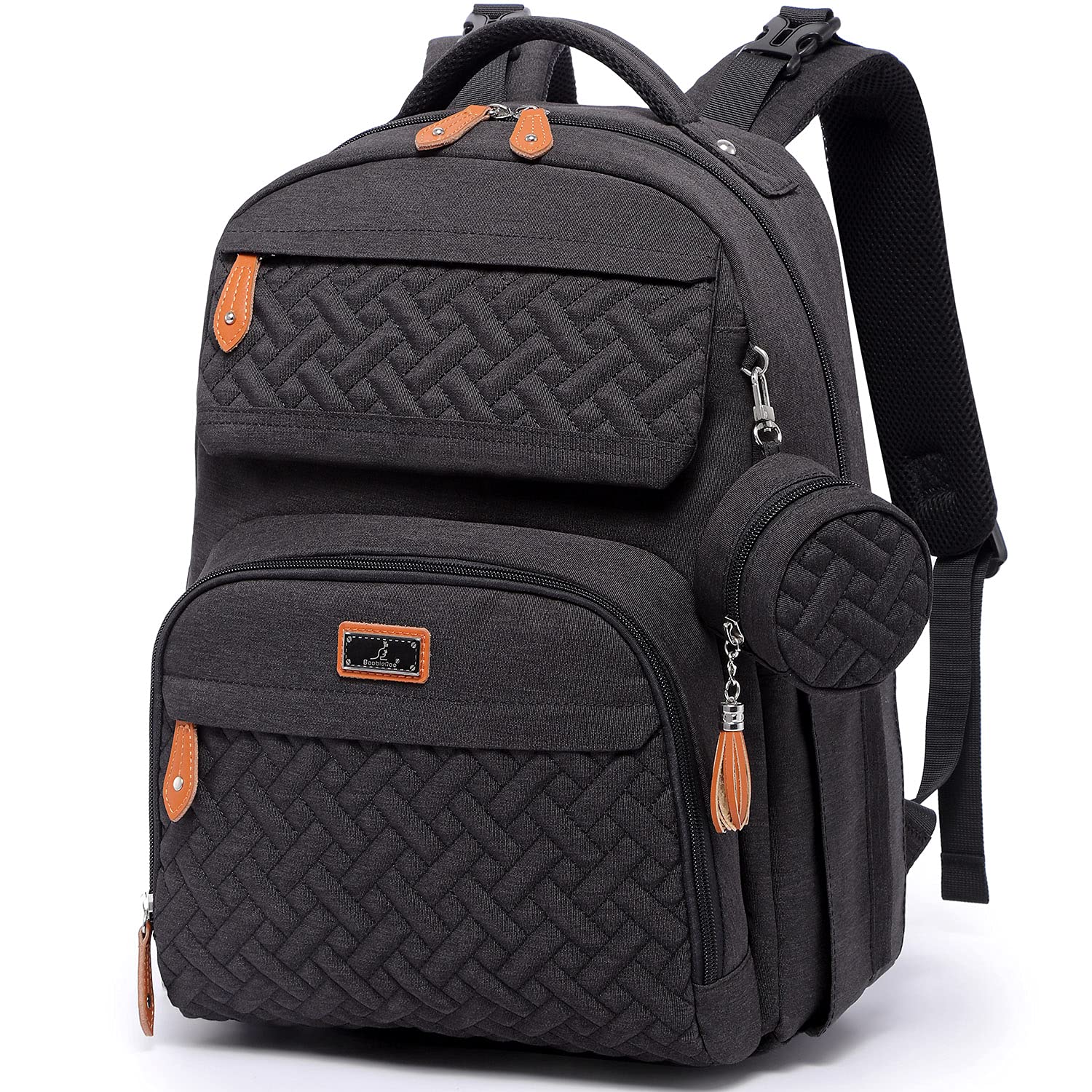 BabbleRoo diaper bag backpack front view shows roomy storage for on-the-go families.