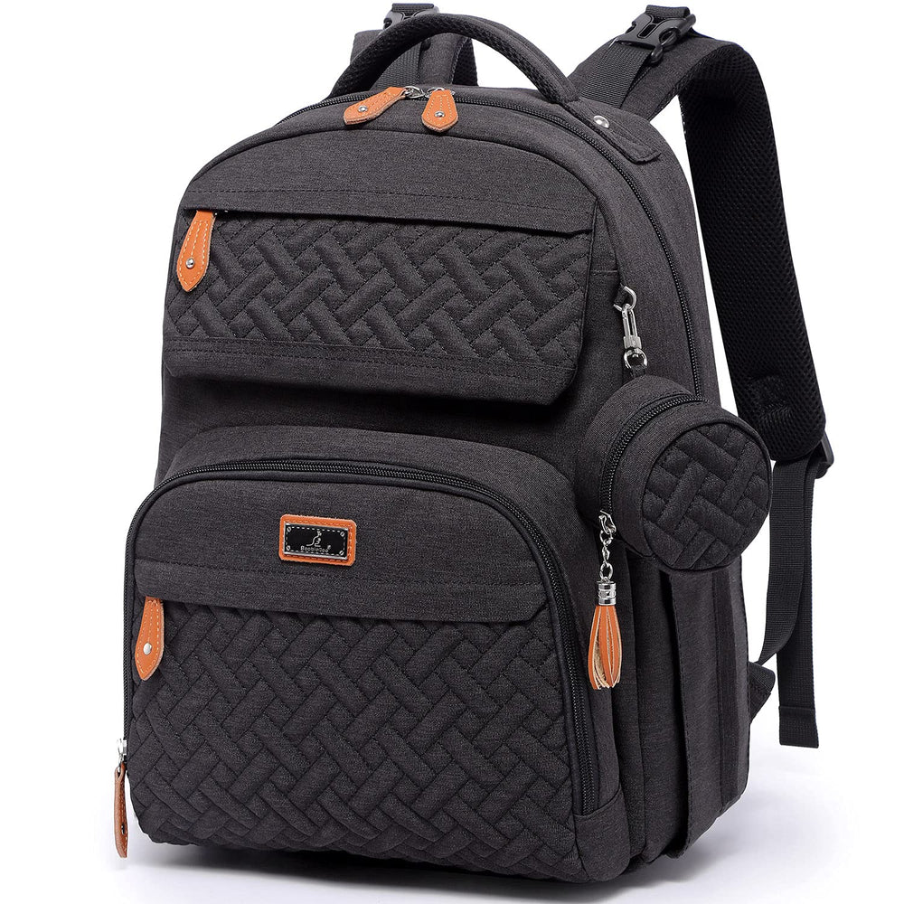 BabbleRoo diaper bag backpack front view shows roomy storage for on-the-go families.