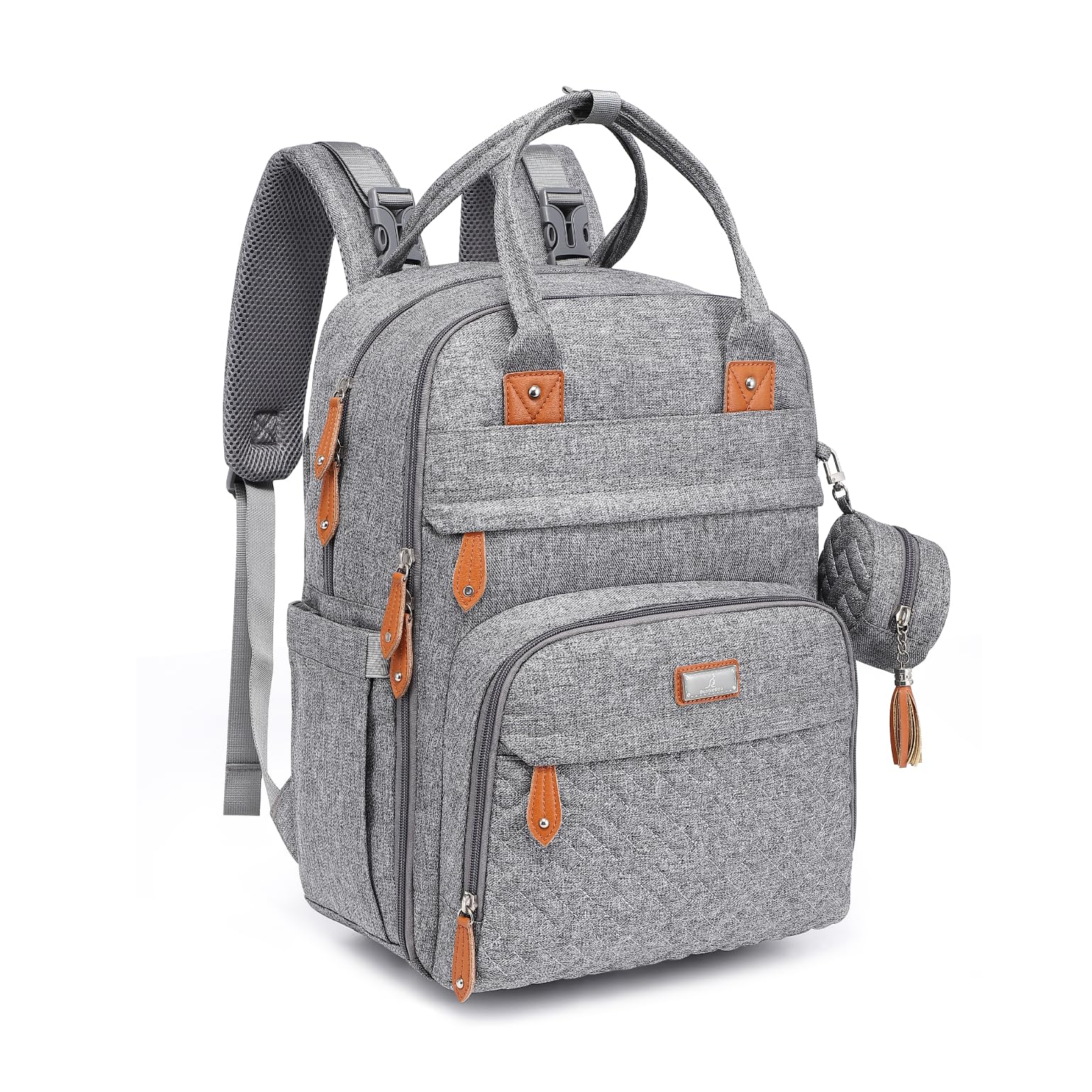 BabbleRoo diaper bag backpack front view showing 26L capacity for organized travel