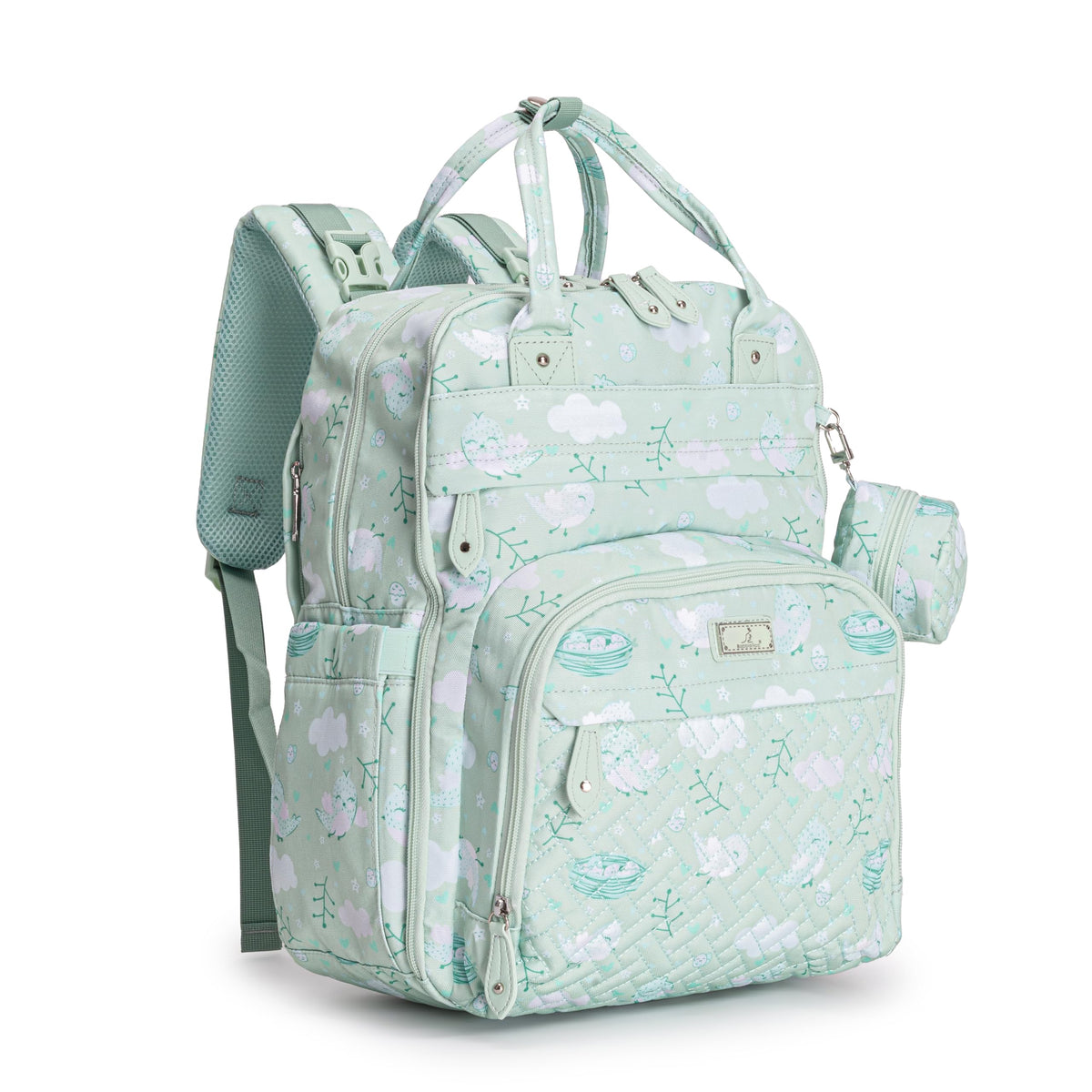 BabbleRoo Diaper Bag Backpack Green Birdy front view shows stylish travel with baby essentials