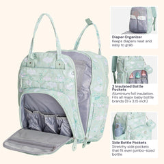 BabbleRoo Diaper Bag Backpack stroller clip shows easy hands-free transport