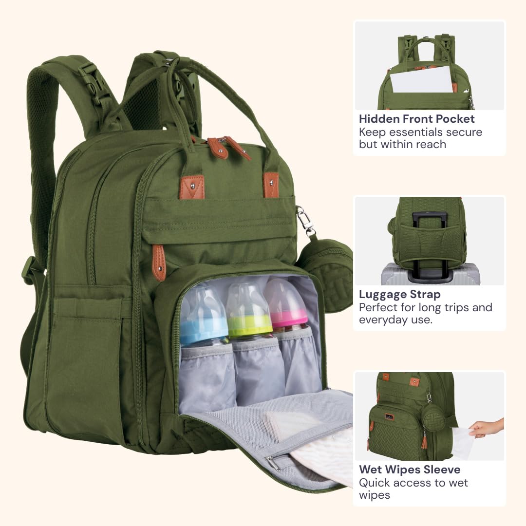 BabbleRoo Diaper Bag Backpack insulated bottle pockets help maintain bottles on the go.